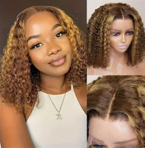 Rina Highlight Honey Blonde Culry Bob Wig Human Hair 180% Density 4/27 Ombre Highlight Lace Front Wigs Human Hair 13x4 HD Lace Short Curly Bob Wig Pre Plucked with Baby Hair 8 Inch