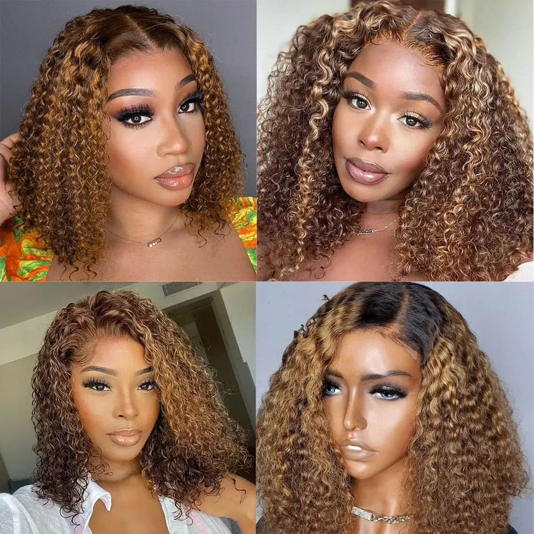 Rina Highlight Honey Blonde Culry Bob Wig Human Hair 180% Density 4/27 Ombre Highlight Lace Front Wigs Human Hair 13x4 HD Lace Short Curly Bob Wig Pre Plucked with Baby Hair 8 Inch