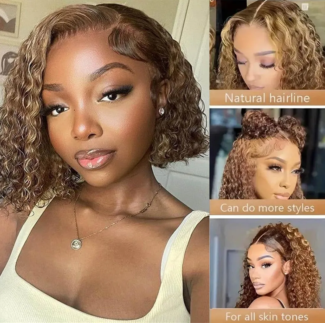 Rina Highlight Honey Blonde Culry Bob Wig Human Hair 180% Density 4/27 Ombre Highlight Lace Front Wigs Human Hair 13x4 HD Lace Short Curly Bob Wig Pre Plucked with Baby Hair 8 Inch