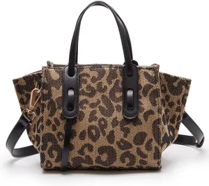 ROUROU Leopard Print Handbag for Women Linen Shoulder Bag Retro Crossbady Bag Large Capacity Satchel Adjustable Tote Bag