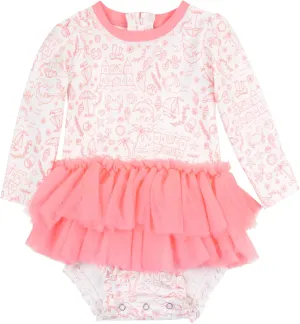 RuffleButts Baby Girls UPF 50  Sun Protection Tulle Skirted Long Sleeve One Piece Rash Guard Swimsuit
