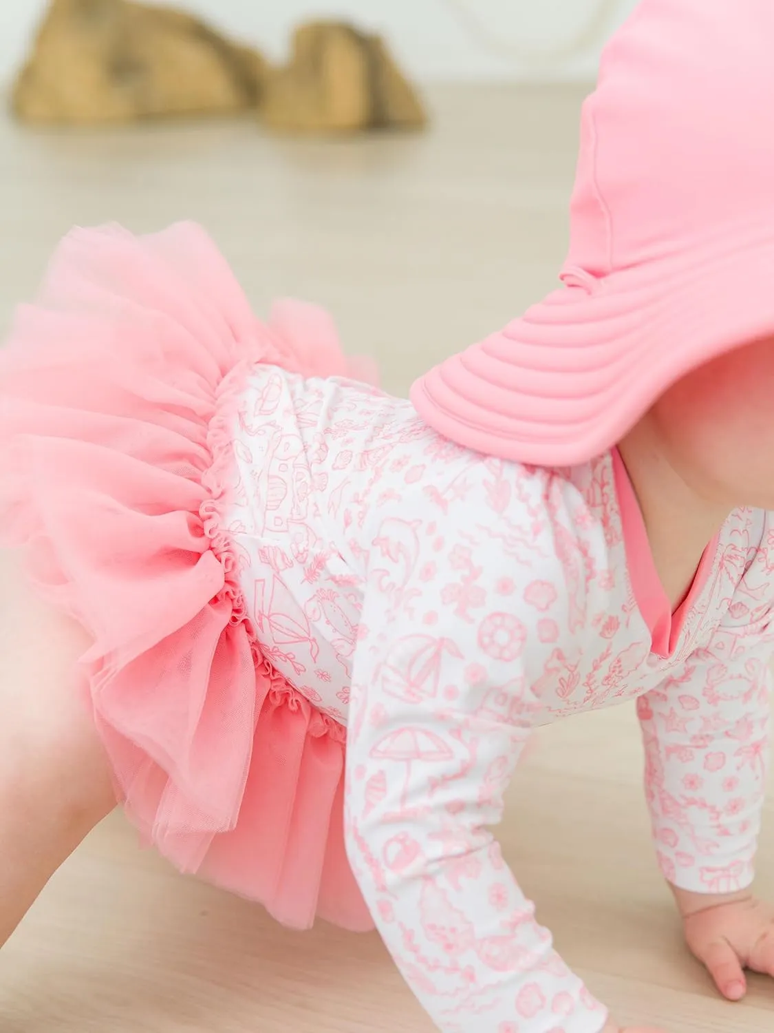 RuffleButts Baby Girls UPF 50  Sun Protection Tulle Skirted Long Sleeve One Piece Rash Guard Swimsuit