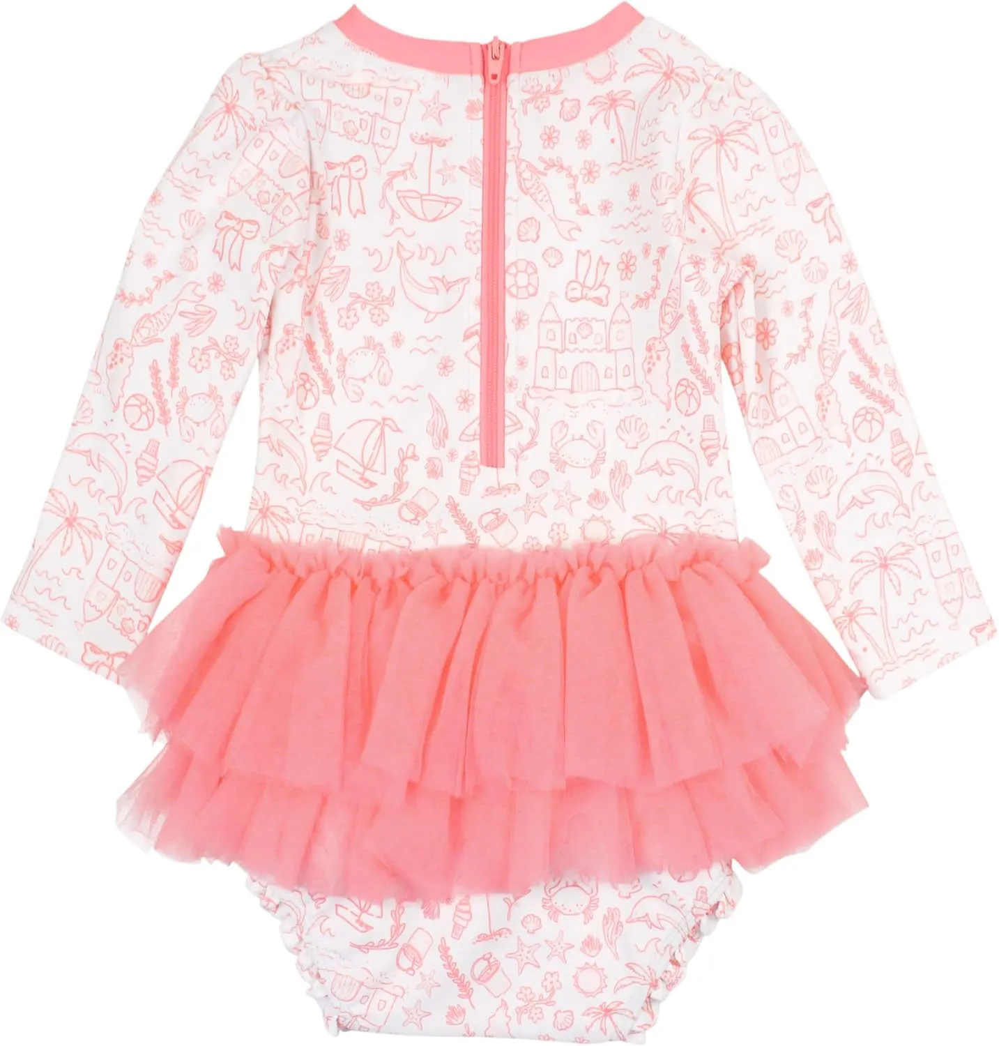 RuffleButts Baby Girls UPF 50  Sun Protection Tulle Skirted Long Sleeve One Piece Rash Guard Swimsuit