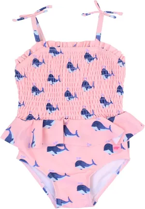 RuffleButts Girls UPF50  Sun Protection Peplum Smocked Bodice/Tulle Skirted One Piece Swimsuit