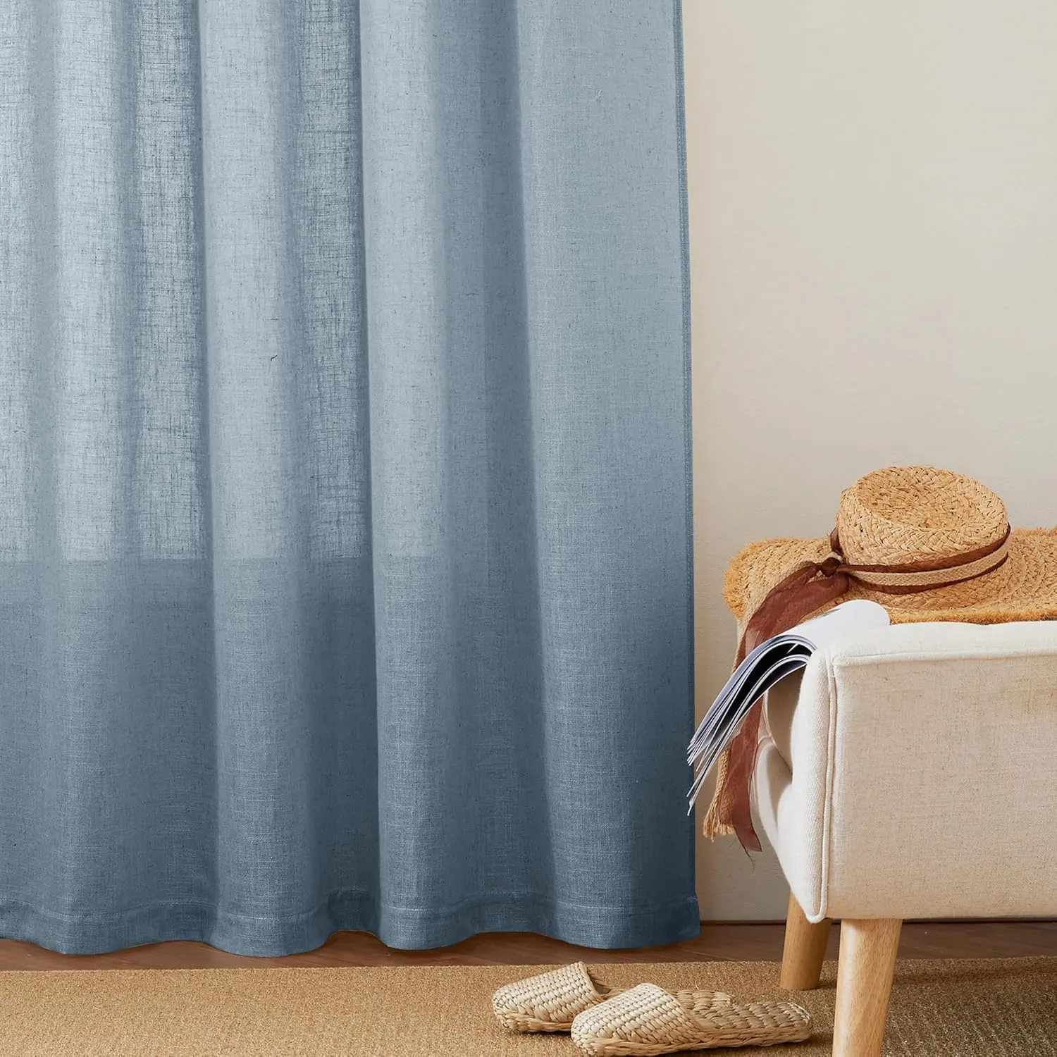 RYB HOME Light Filtering Curtains 95 inches Long 2 Panels Set, Privacy Protected Linen Blend Panels for Farmhouse/Living Room/Dining Room, Dusty Blue, Width 52 inch