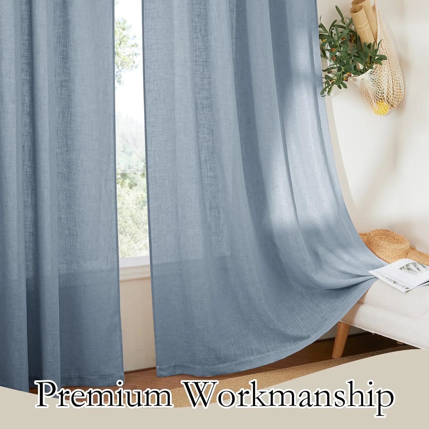 RYB HOME Light Filtering Curtains 95 inches Long 2 Panels Set, Privacy Protected Linen Blend Panels for Farmhouse/Living Room/Dining Room, Dusty Blue, Width 52 inch
