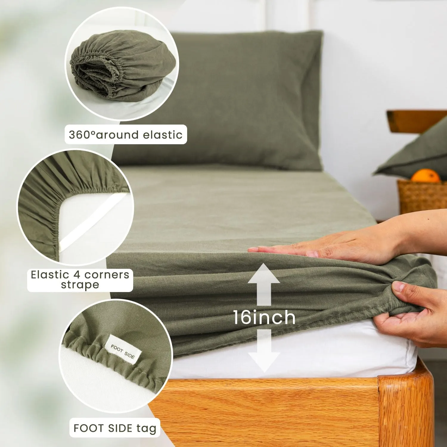 S VICTORY SYMBOL 100% Organic Linen Sheets Set King Size,Washed French Flax Bed Sheets 4Pcs(2 Pillowcases,1 Fitted Sheet,1 Flat Sheet) Breathable Soft,Burnt Olive