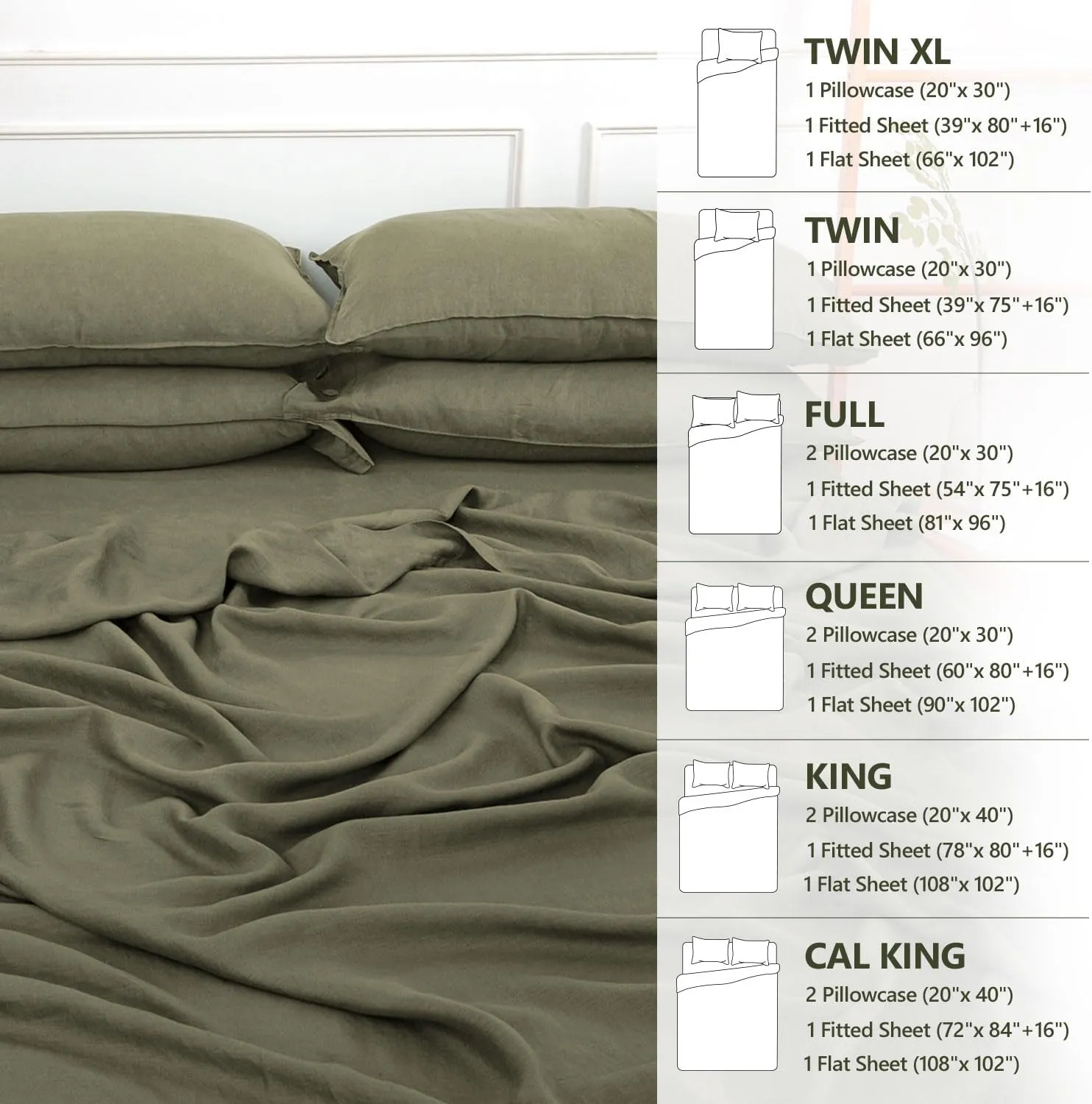 S VICTORY SYMBOL 100% Organic Linen Sheets Set King Size,Washed French Flax Bed Sheets 4Pcs(2 Pillowcases,1 Fitted Sheet,1 Flat Sheet) Breathable Soft,Burnt Olive