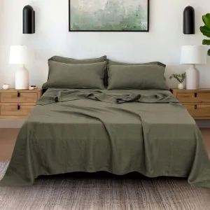 S VICTORY SYMBOL 100% Organic Linen Sheets Set King Size,Washed French Flax Bed Sheets 4Pcs(2 Pillowcases,1 Fitted Sheet,1 Flat Sheet) Breathable Soft,Burnt Olive