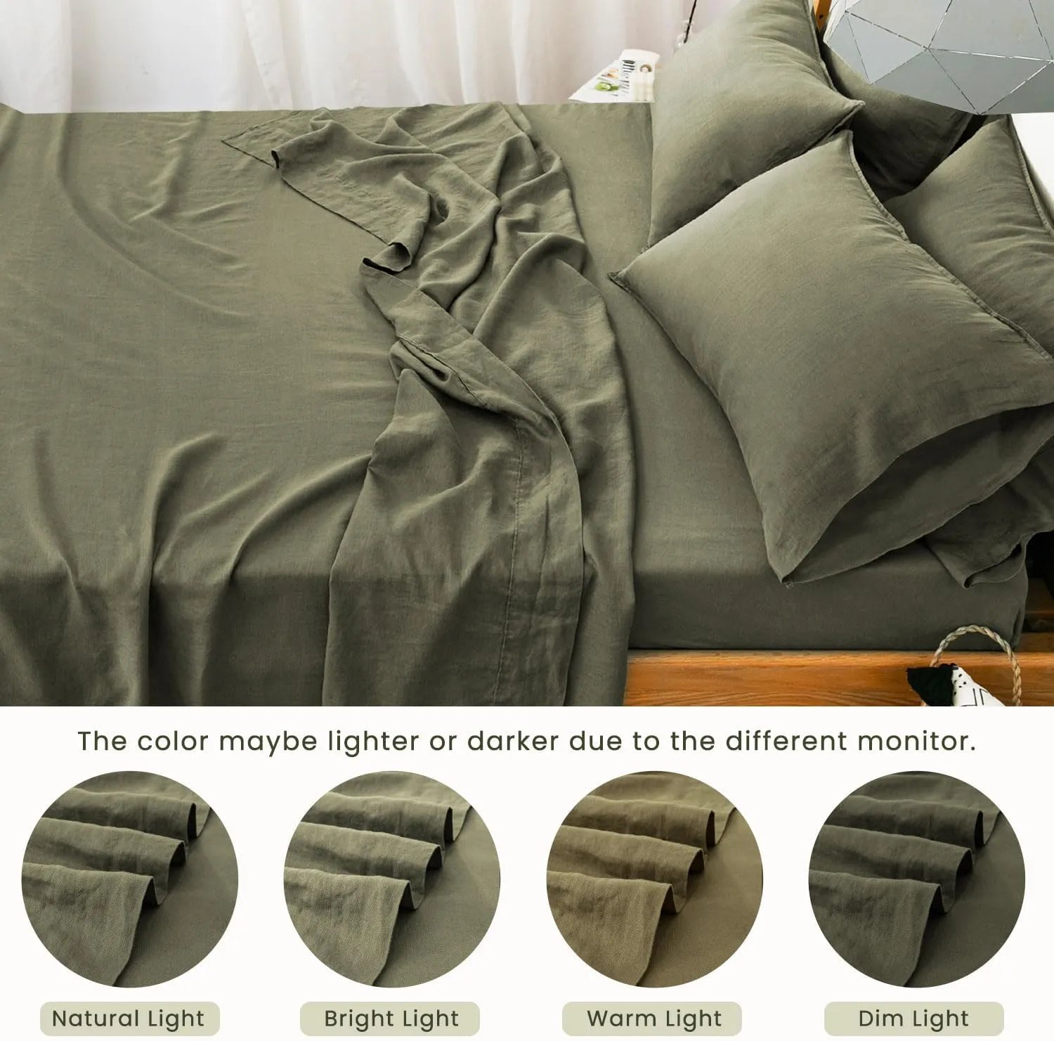S VICTORY SYMBOL 100% Organic Linen Sheets Set King Size,Washed French Flax Bed Sheets 4Pcs(2 Pillowcases,1 Fitted Sheet,1 Flat Sheet) Breathable Soft,Burnt Olive