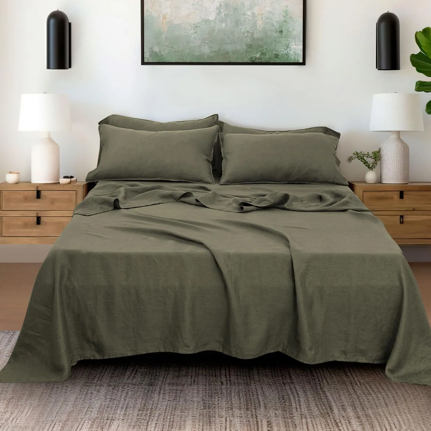 S VICTORY SYMBOL 100% Organic Linen Sheets Set King Size,Washed French Flax Bed Sheets 4Pcs(2 Pillowcases,1 Fitted Sheet,1 Flat Sheet) Breathable Soft,Burnt Olive