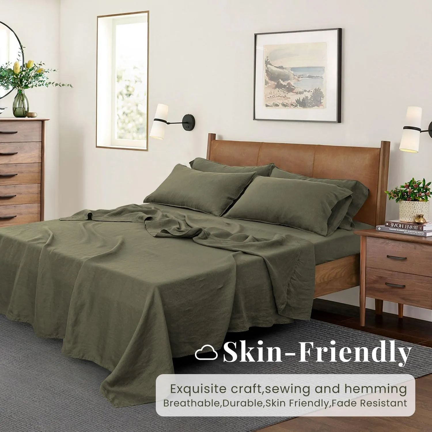 S VICTORY SYMBOL 100% Organic Linen Sheets Set King Size,Washed French Flax Bed Sheets 4Pcs(2 Pillowcases,1 Fitted Sheet,1 Flat Sheet) Breathable Soft,Burnt Olive