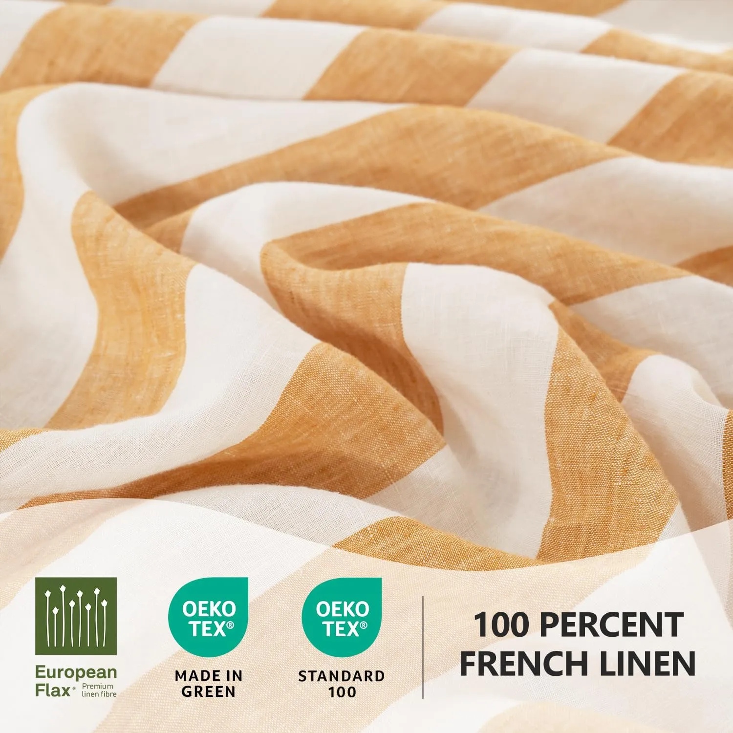 S VICTORY SYMBOL 100% Organic Linen Sheets Set,Yellow Stripe Yarn Dyed Pattern Farmhouse Bed Sheets,French Natural Stone Washed Flax Bedding Set Full Size 4Pcs