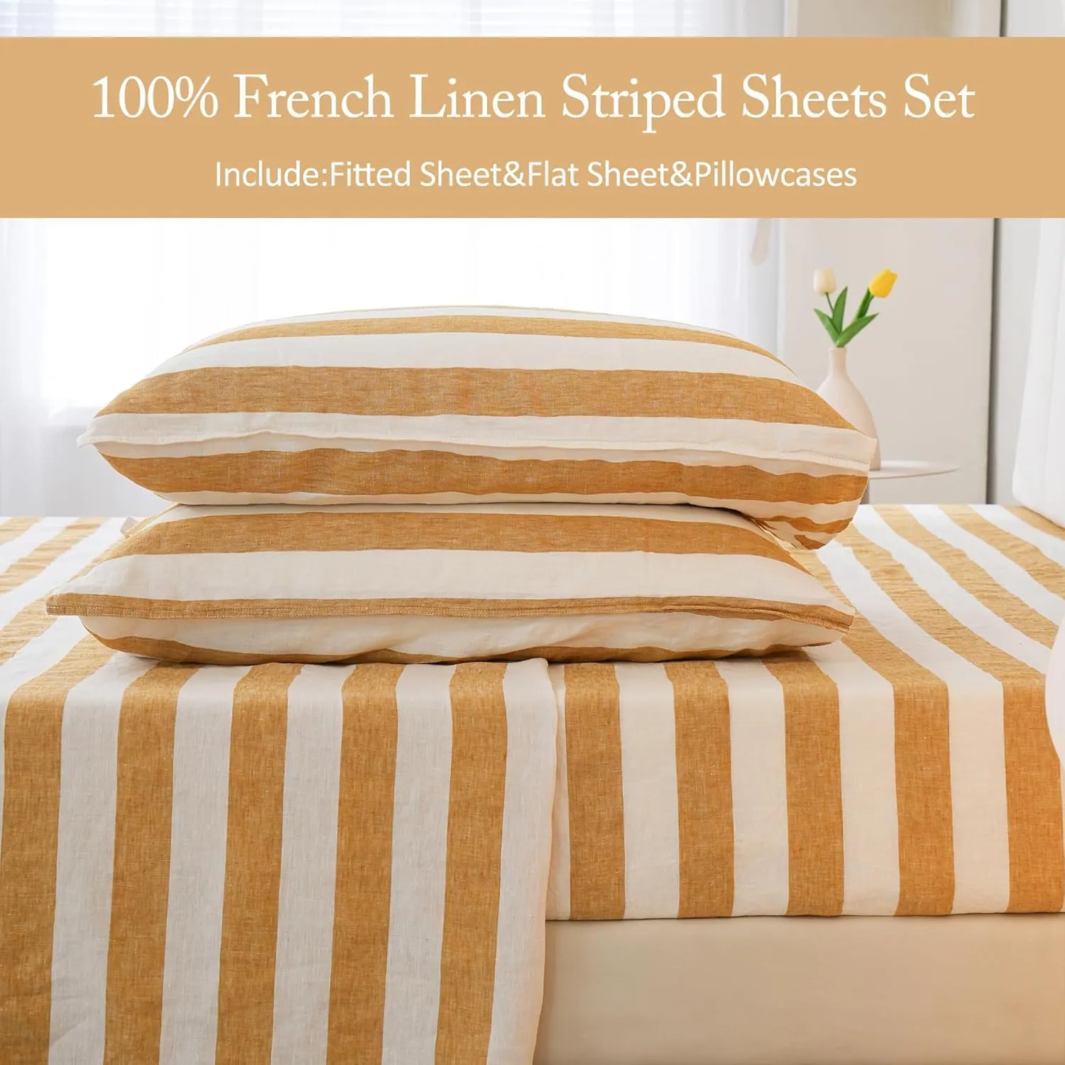 S VICTORY SYMBOL 100% Organic Linen Sheets Set,Yellow Stripe Yarn Dyed Pattern Farmhouse Bed Sheets,French Natural Stone Washed Flax Bedding Set Full Size 4Pcs