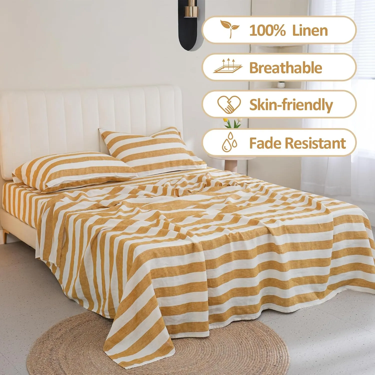 S VICTORY SYMBOL 100% Organic Linen Sheets Set,Yellow Stripe Yarn Dyed Pattern Farmhouse Bed Sheets,French Natural Stone Washed Flax Bedding Set Full Size 4Pcs