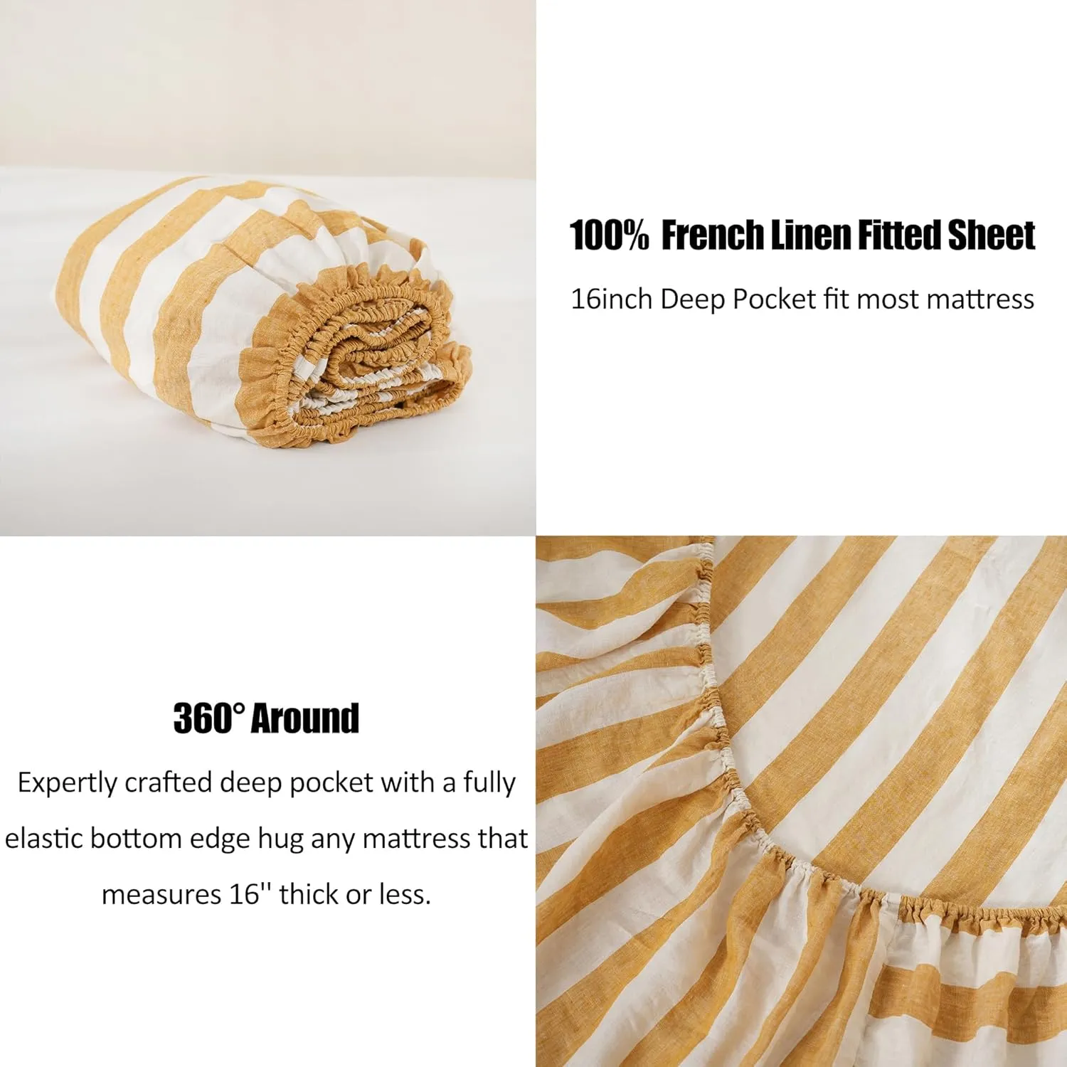 S VICTORY SYMBOL 100% Organic Linen Sheets Set,Yellow Stripe Yarn Dyed Pattern Farmhouse Bed Sheets,French Natural Stone Washed Flax Bedding Set Full Size 4Pcs