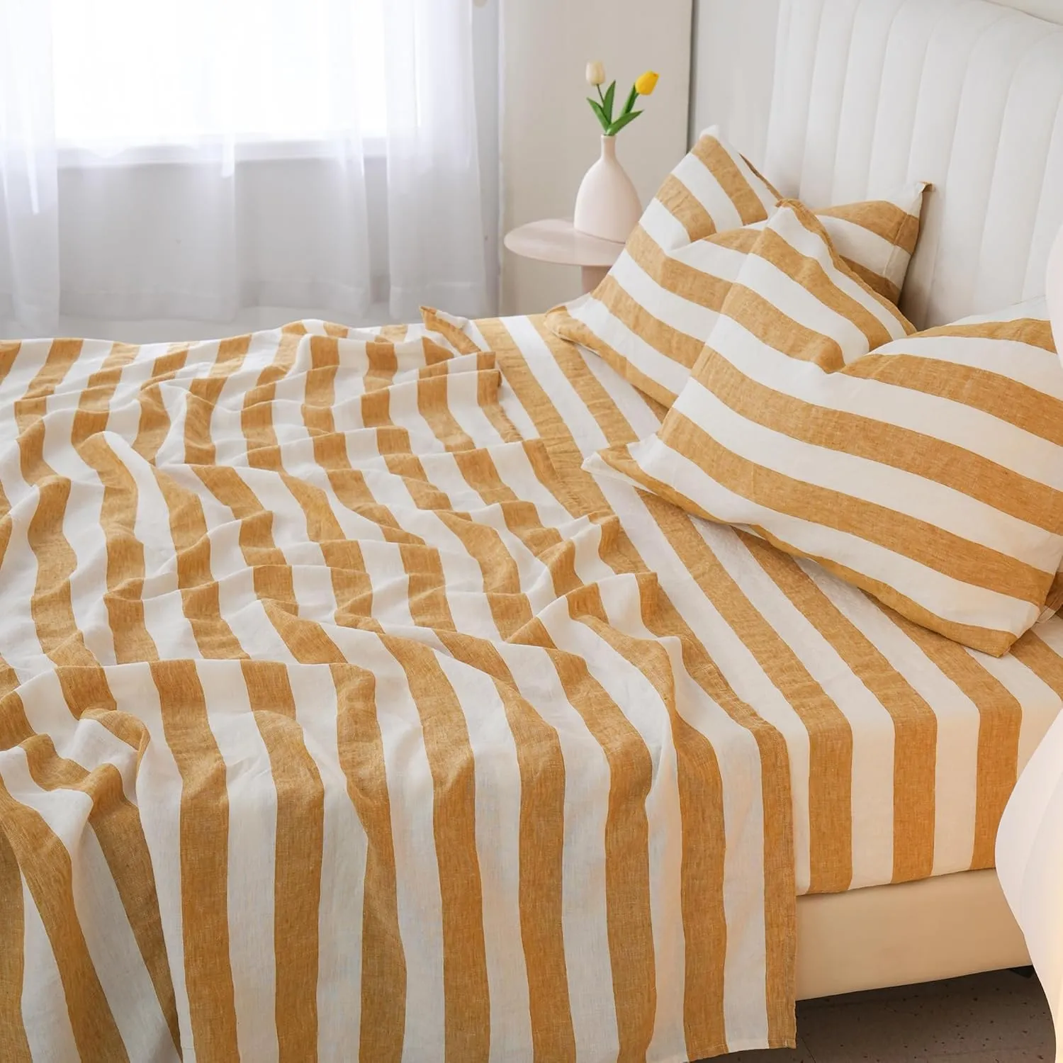 S VICTORY SYMBOL 100% Organic Linen Sheets Set,Yellow Stripe Yarn Dyed Pattern Farmhouse Bed Sheets,French Natural Stone Washed Flax Bedding Set Full Size 4Pcs