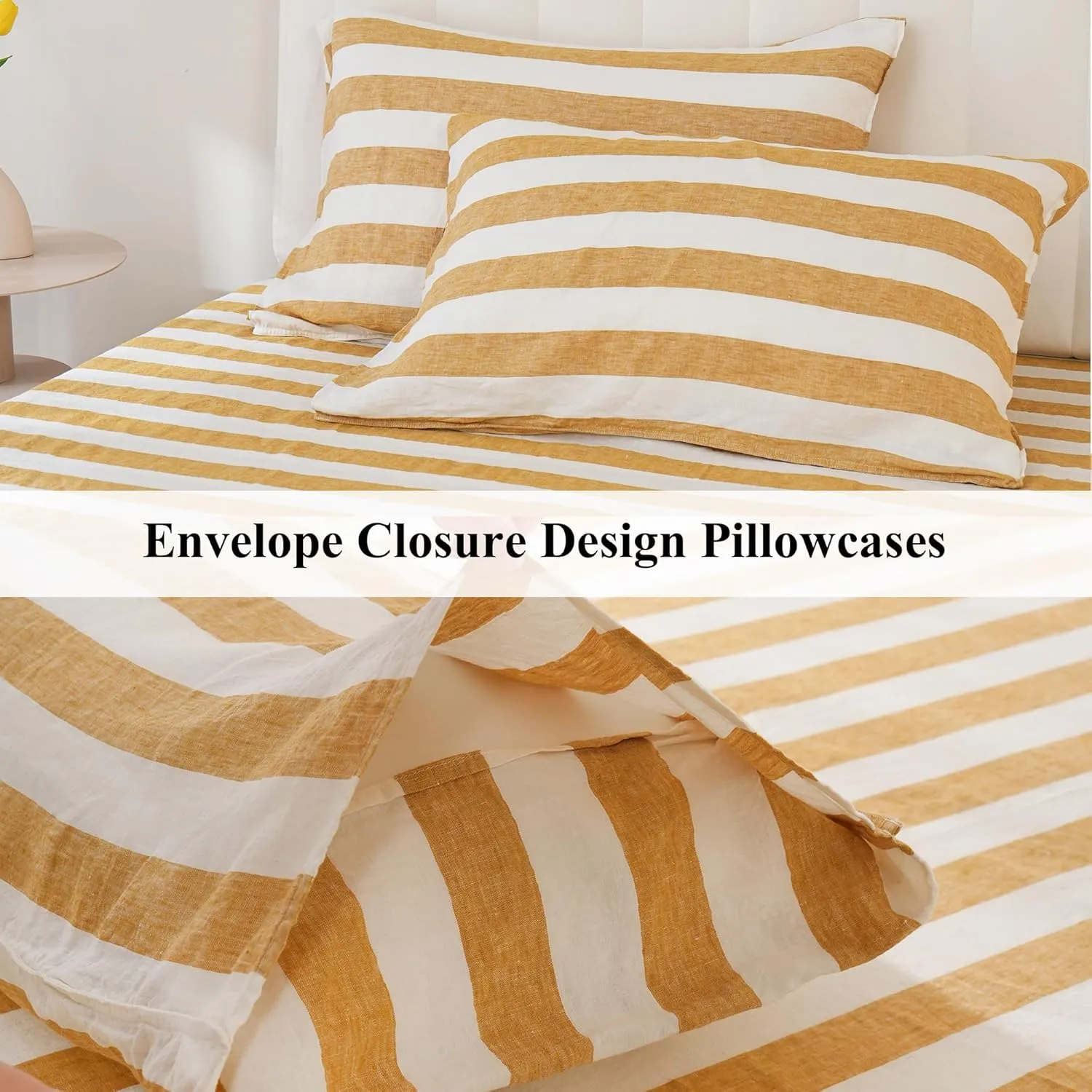 S VICTORY SYMBOL 100% Organic Linen Sheets Set,Yellow Stripe Yarn Dyed Pattern Farmhouse Bed Sheets,French Natural Stone Washed Flax Bedding Set Full Size 4Pcs