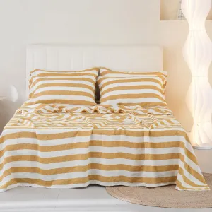S VICTORY SYMBOL 100% Organic Linen Sheets Set,Yellow Stripe Yarn Dyed Pattern Farmhouse Bed Sheets,French Natural Stone Washed Flax Bedding Set Full Size 4Pcs