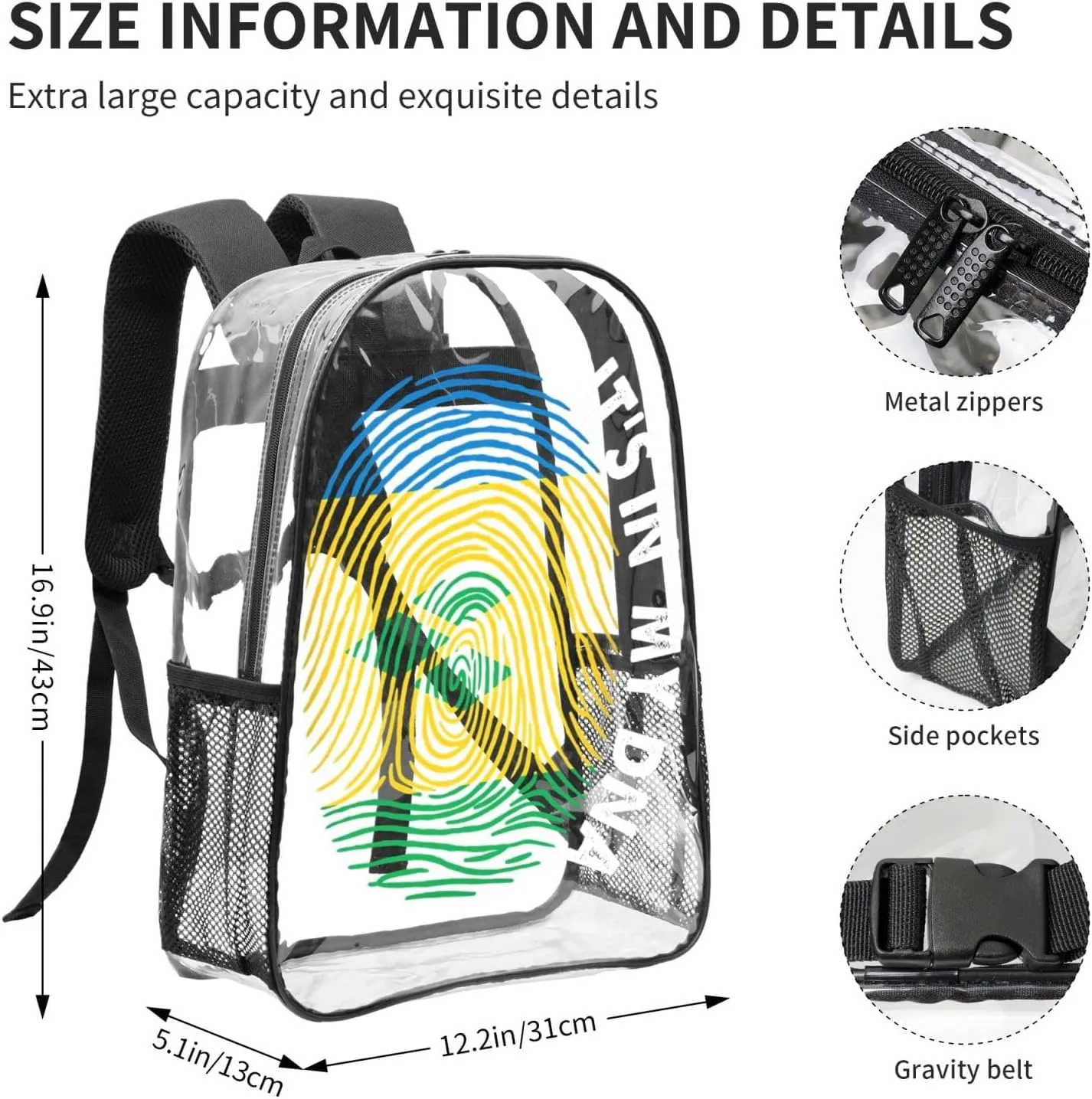 Saint Vincent and the Grenadines Flag Fingers Print 16 Inch Clear PVC Backpacks Transparent Backpack Multipurpose Double Shoulder Bag for Men Women Gifts