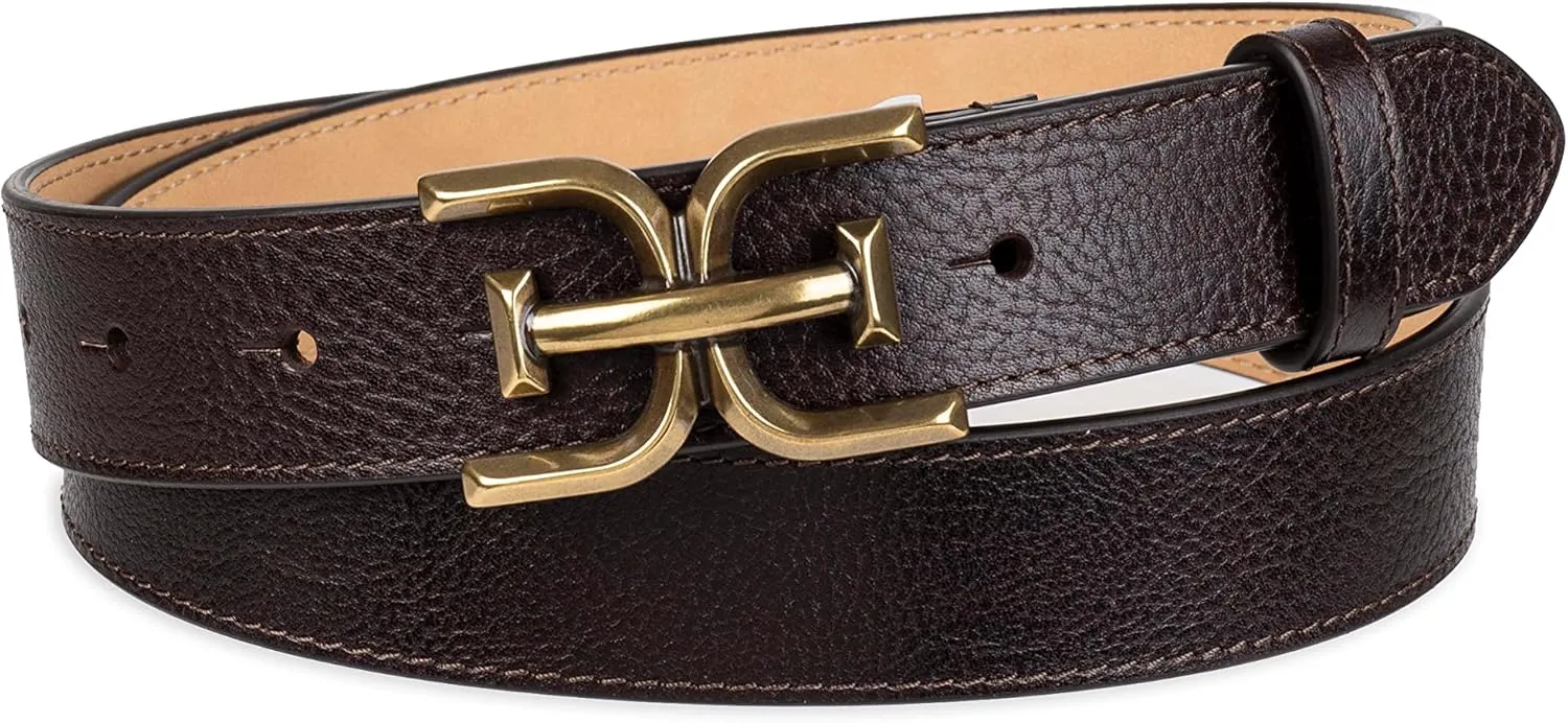 Sam Edelman Women's Fashion Double-E Plaque Logo Buckle Slim Textured Belt for Jeans, Dresses and Trousers