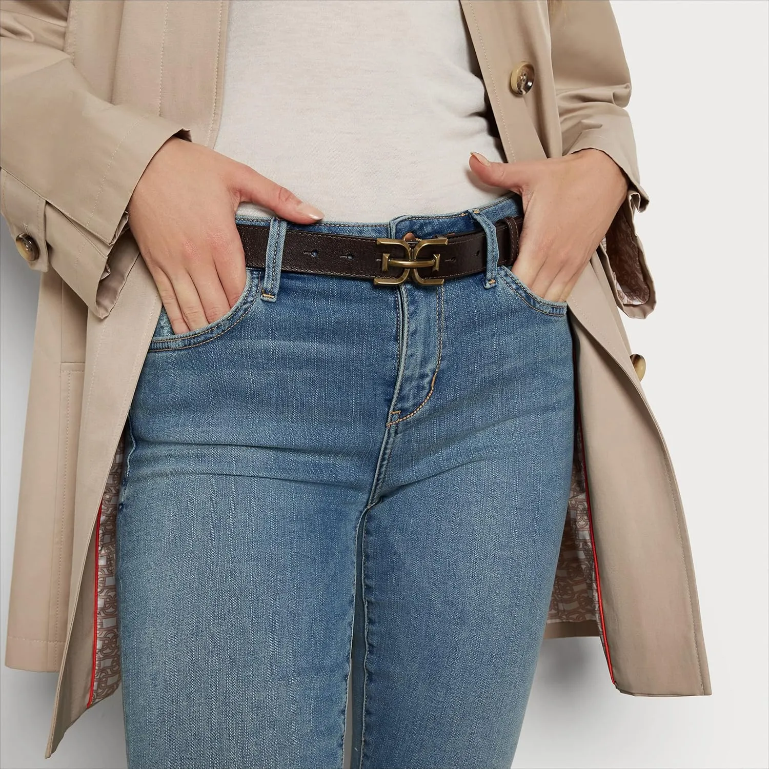 Sam Edelman Women's Fashion Double-E Plaque Logo Buckle Slim Textured Belt for Jeans, Dresses and Trousers