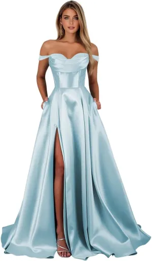 Satin Prom Dress for Women Off The Shoulder Formal Evening Dresses with Slit Sweetheart Ball Gown AD085