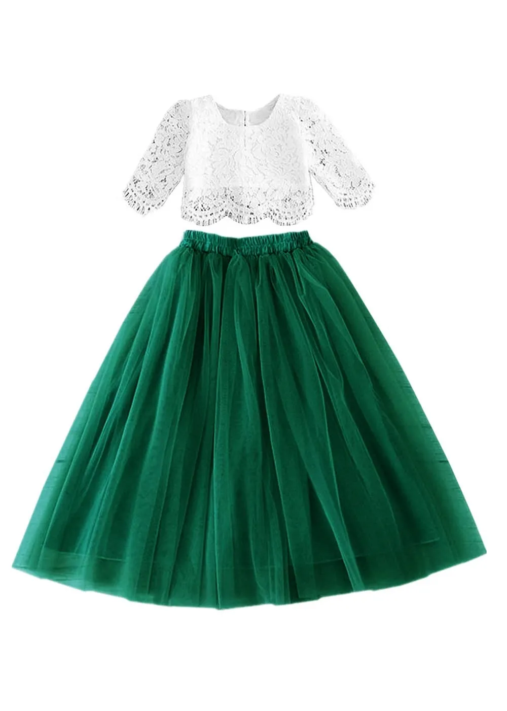 Scalloped Lace 2 Piece Girl Dress Set in Green