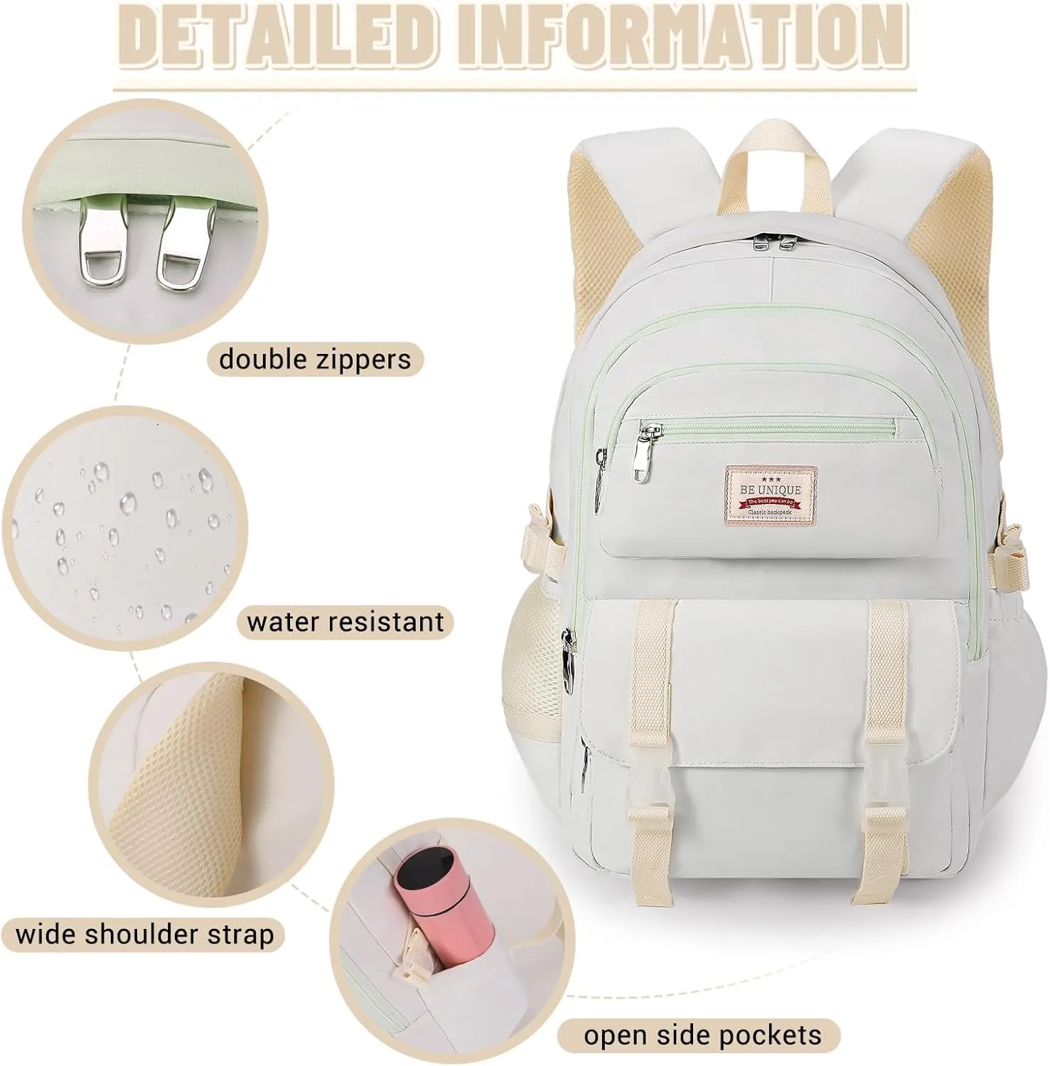 SCIONE School Backpacks for Teen Girls-Laptop Backpacks 15.6 Inch Primary Middle College Bookbag Travel Daypack Bags for Teens Girls Women Students-Beige