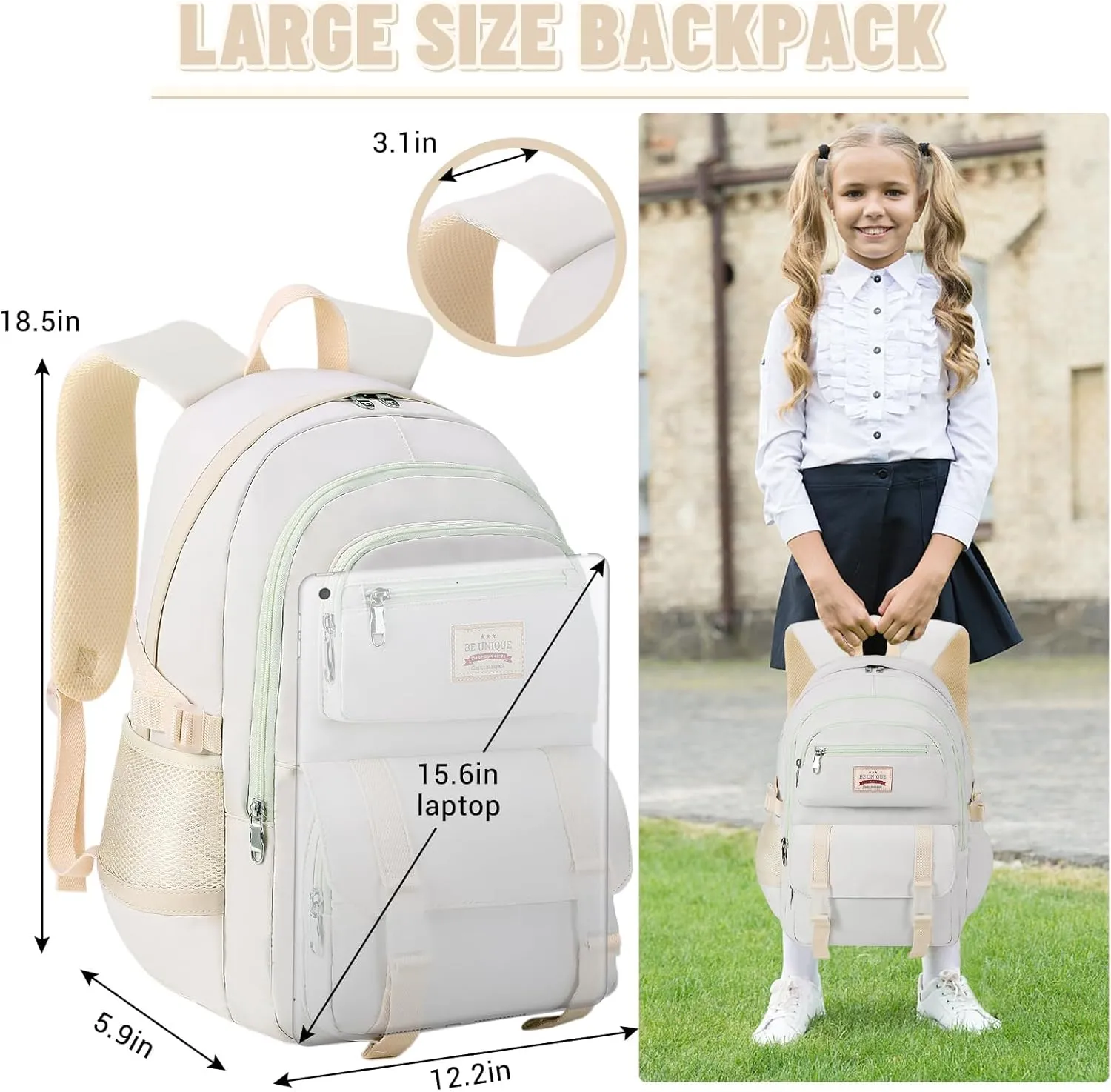 SCIONE School Backpacks for Teen Girls-Laptop Backpacks 15.6 Inch Primary Middle College Bookbag Travel Daypack Bags for Teens Girls Women Students-Beige