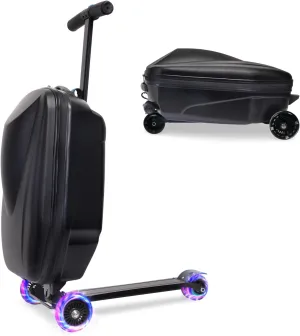 Scooter Luggage, 2- in- 1 Folding Carry On Hardshell Ride On Scooter Suitcase for Aged 4-15, Multifunctional Ride On Lightweight Luggage (Black,with LED wheels)