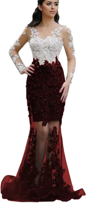 SDRESS Women's Appliques Long Sleeve V-Neck Side Slit Mermaid Formal Prom Dress