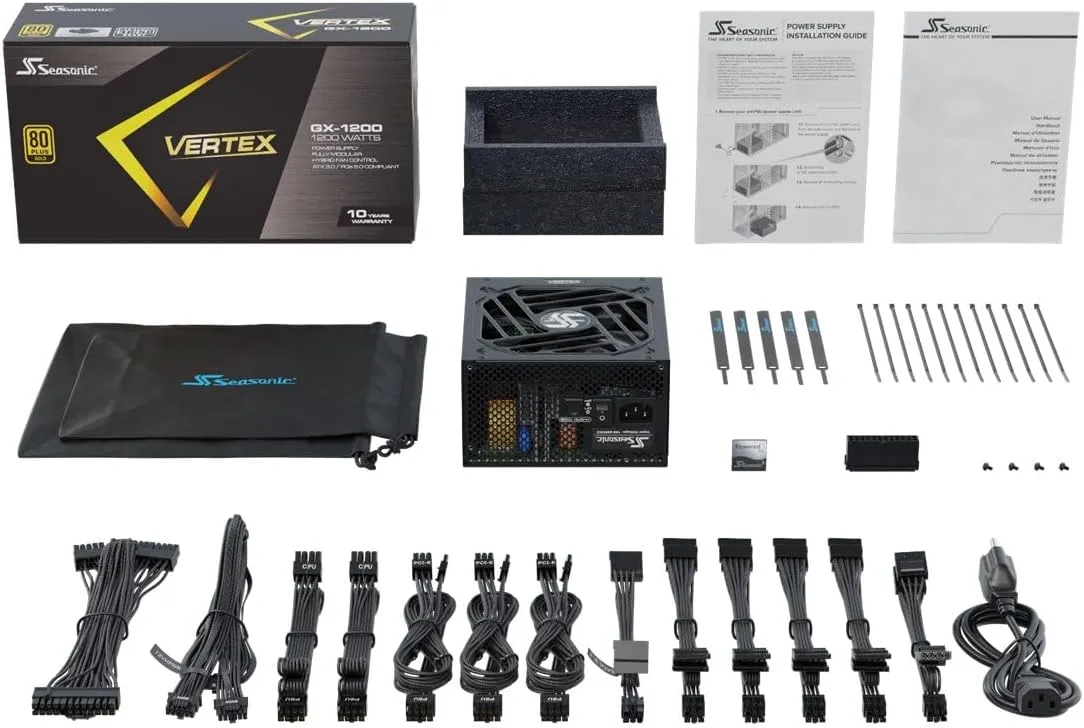 Seasonic VERTEX GX-1200 - 1200W - 80  Gold - ATX 3.0 & PCIe 5.0 Ready - Full-Modular - ATX Form Factor - Low Noise - 12 Year Warranty - Nvidia RTX 30/40 Super & AMD GPU Compatible (Renewed)