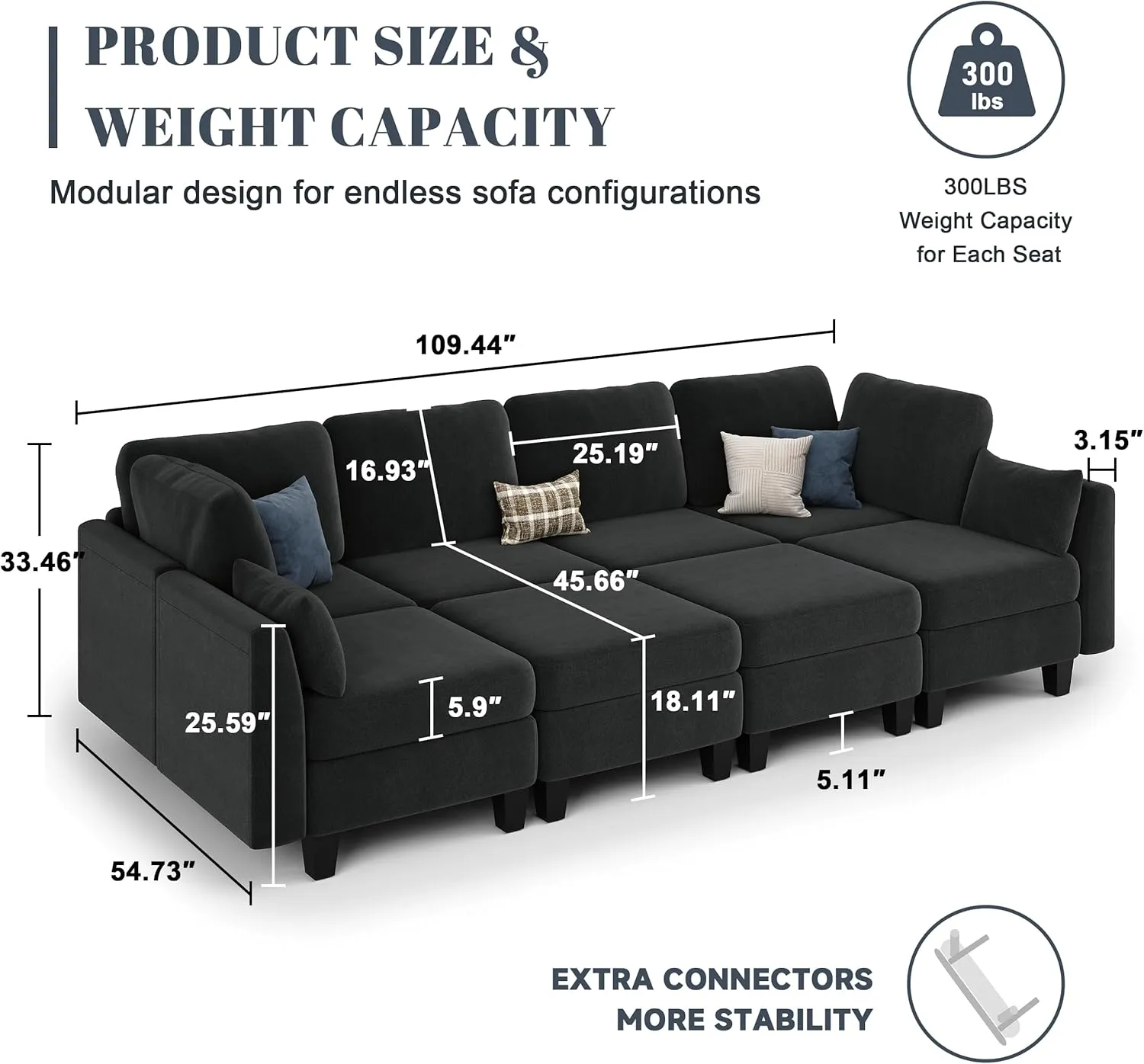 Sectional Sleeper Sofa, 8 Seaters Black Modular Sleeper Sofa Couch, Comfy Sectionals Couches Bed, Convertible Sofas with Ottomans, Modular Sectional Couches for Living Room