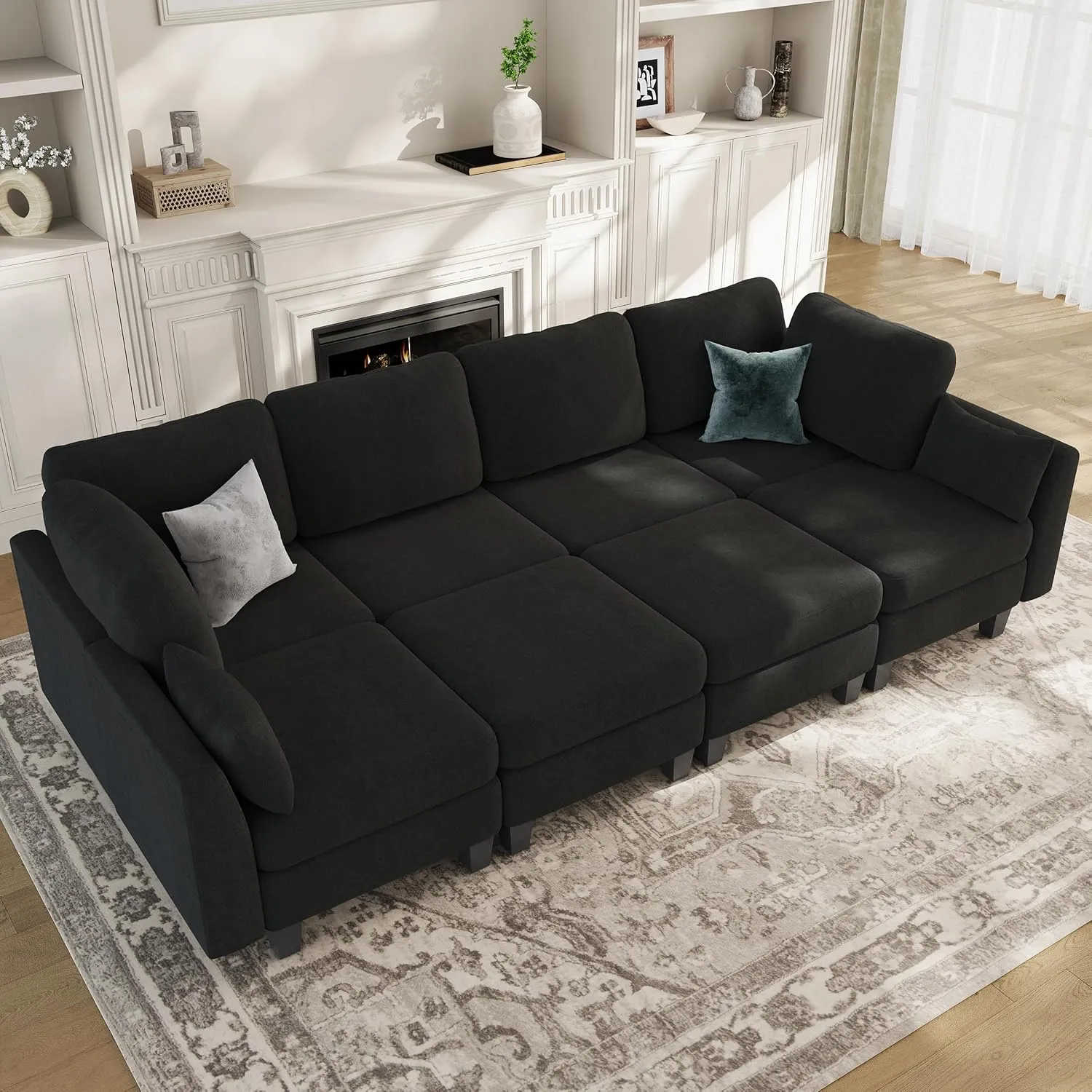 Sectional Sleeper Sofa, 8 Seaters Black Modular Sleeper Sofa Couch, Comfy Sectionals Couches Bed, Convertible Sofas with Ottomans, Modular Sectional Couches for Living Room
