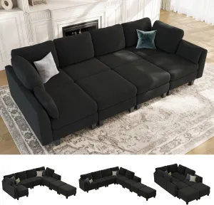 Sectional Sleeper Sofa, 8 Seaters Black Modular Sleeper Sofa Couch, Comfy Sectionals Couches Bed, Convertible Sofas with Ottomans, Modular Sectional Couches for Living Room