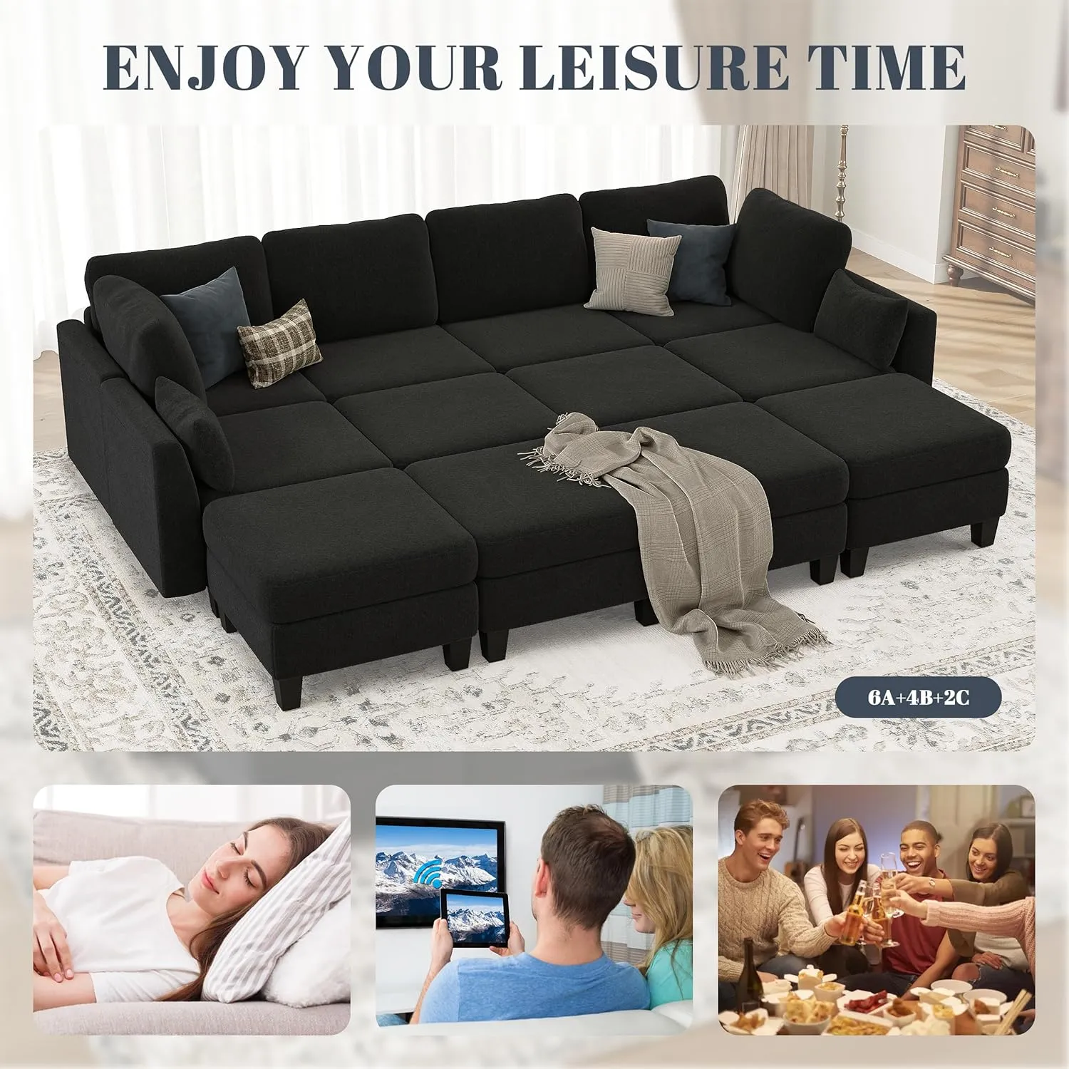 Sectional Sleeper Sofa, 8 Seaters Black Modular Sleeper Sofa Couch, Comfy Sectionals Couches Bed, Convertible Sofas with Ottomans, Modular Sectional Couches for Living Room