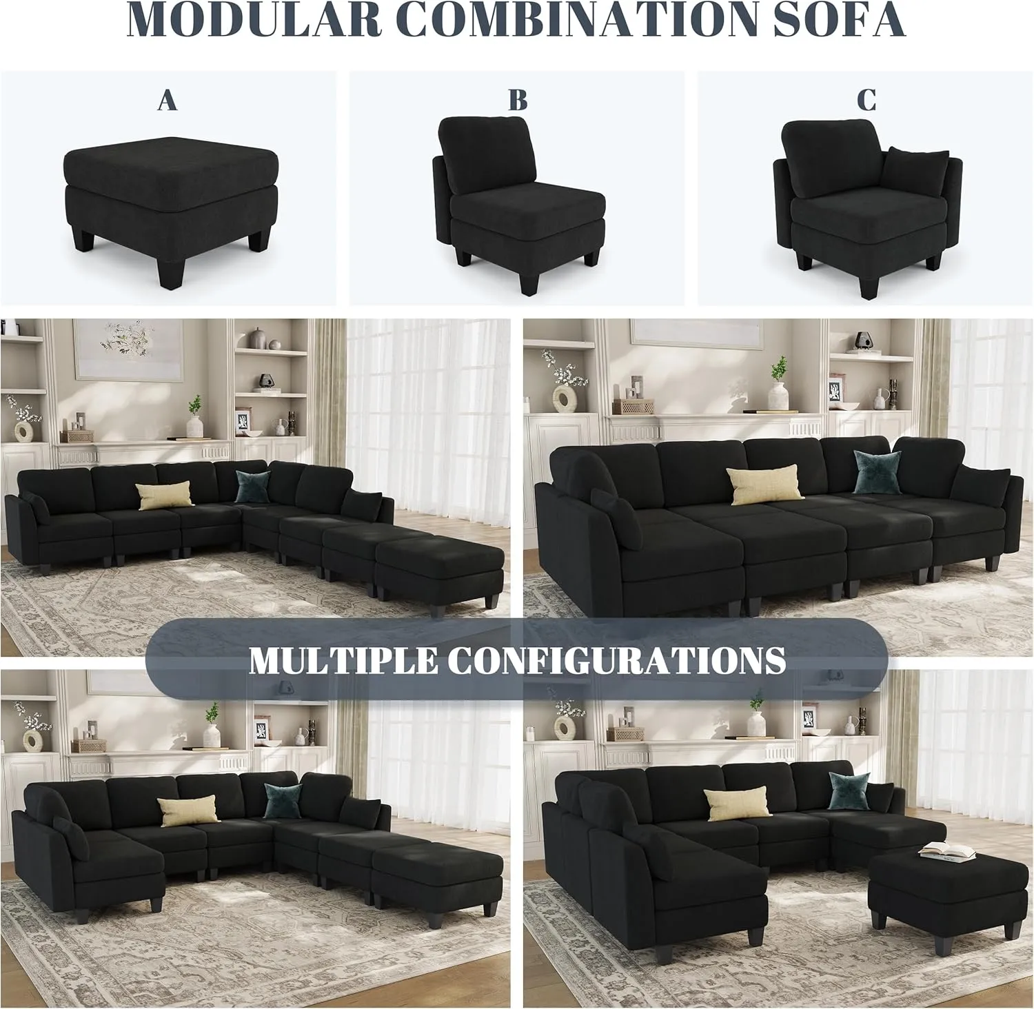 Sectional Sleeper Sofa, 8 Seaters Black Modular Sleeper Sofa Couch, Comfy Sectionals Couches Bed, Convertible Sofas with Ottomans, Modular Sectional Couches for Living Room