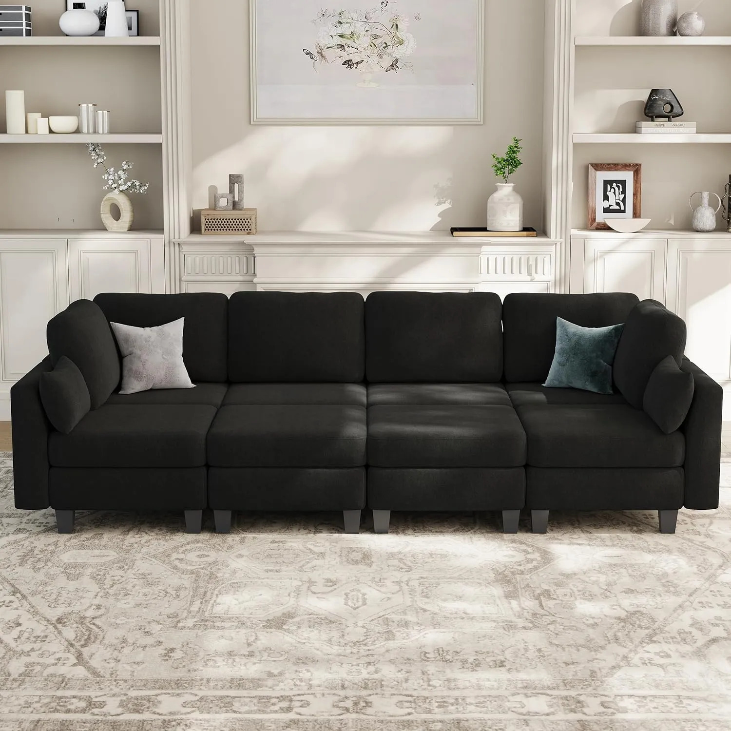 Sectional Sleeper Sofa, 8 Seaters Black Modular Sleeper Sofa Couch, Comfy Sectionals Couches Bed, Convertible Sofas with Ottomans, Modular Sectional Couches for Living Room