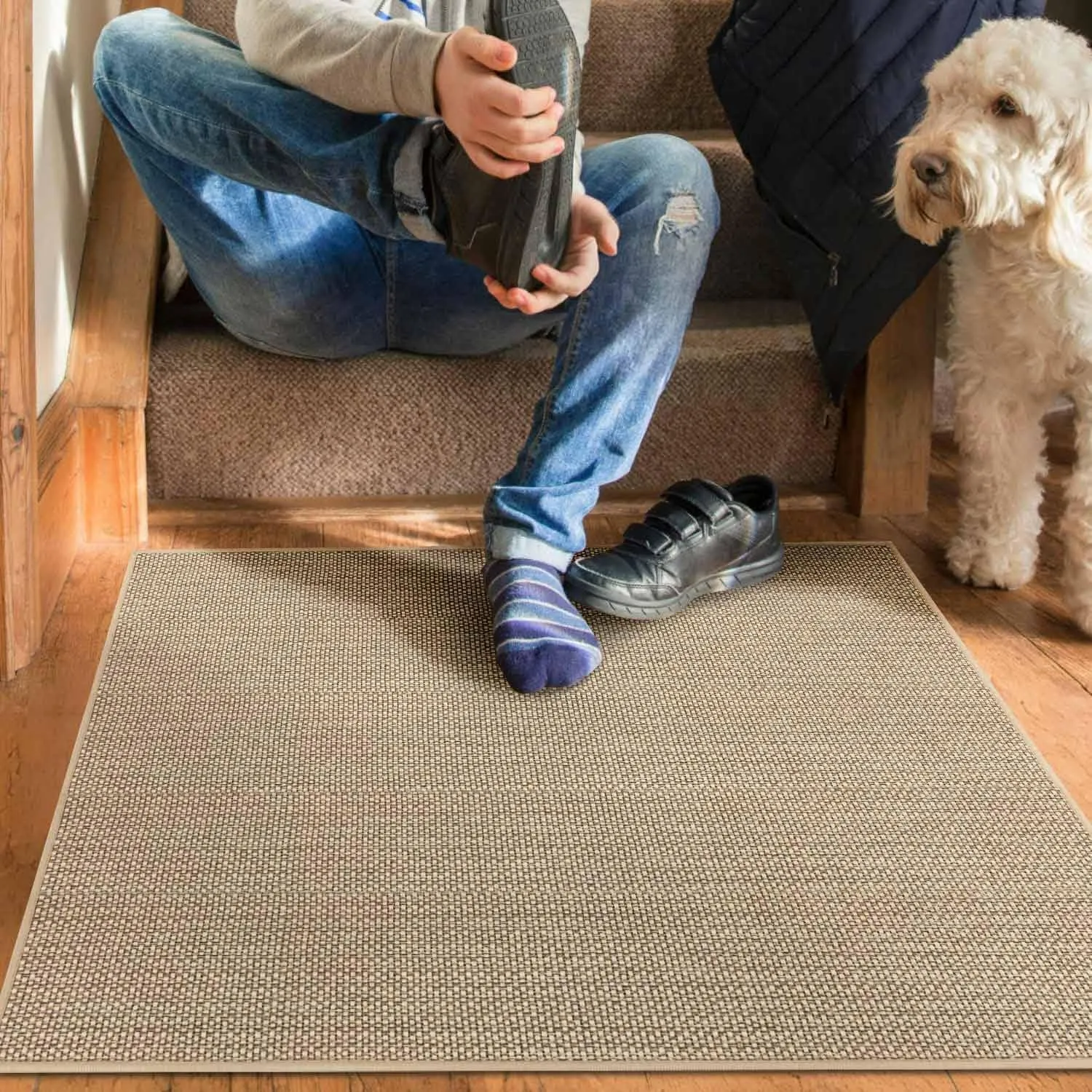 Seloom Linen Non Slip Stair Treads Carpet Landing Mat for Wooden Steps Indoor, Peel and Stick Carpet for Wood Stairs, Machine Washable Stair Runners for Pets, 1Pack, Beige (36" x36")