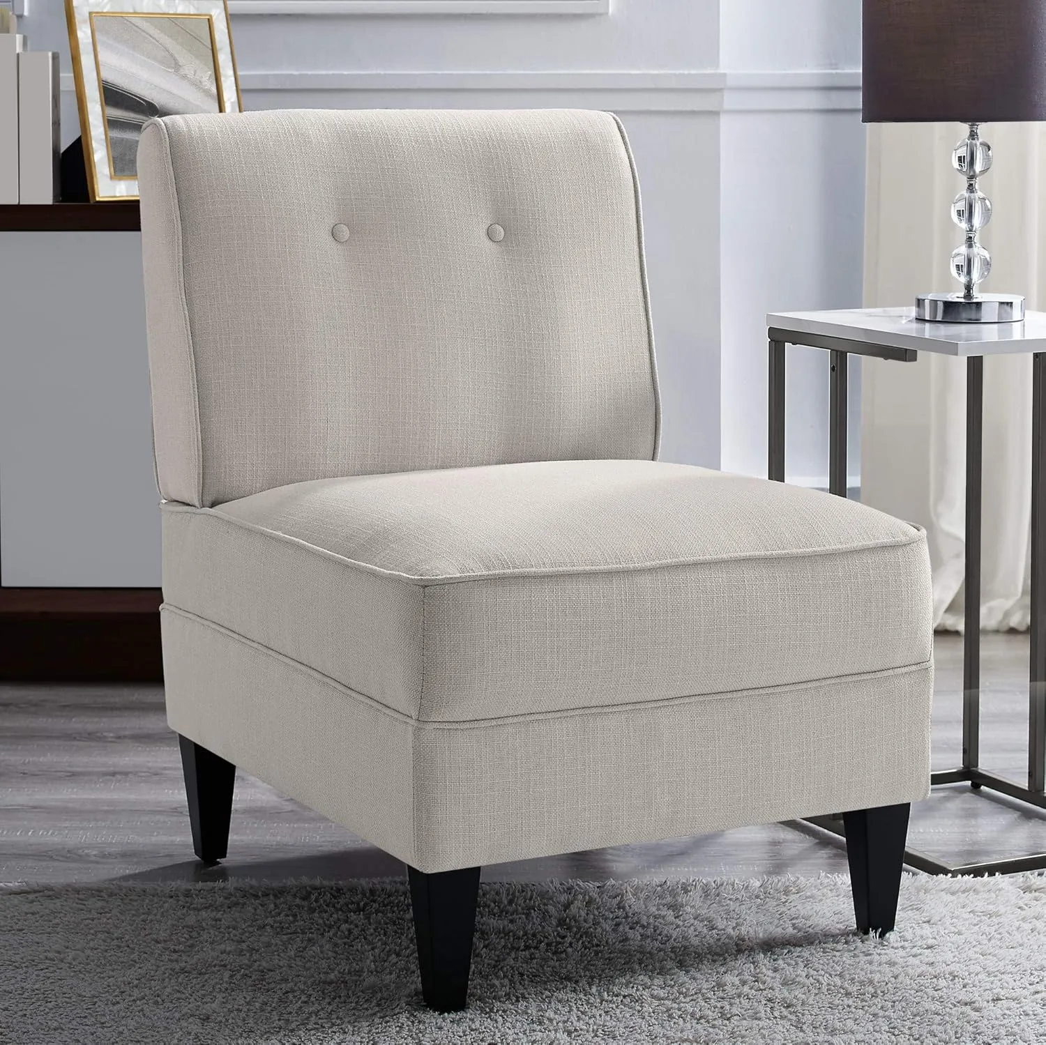 Serta Copenhagen Accent Chair Button Tufted Backrest, Sinuous Spring Seat Cushion, Rubberwood Legs, Upholstery for Living Room, Bedroom and Small Spaces, Polyester Woven Fabric, Modern Cream