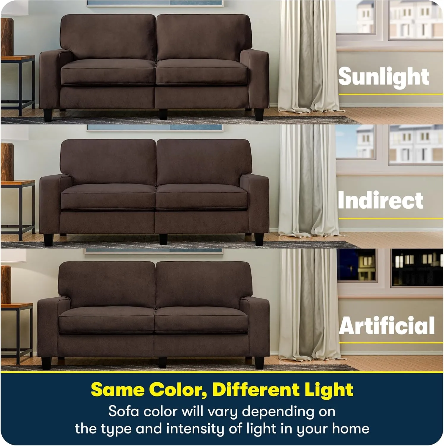 Serta Palisades 61" Track Arm Sofa, Easy Care Polyester, Soft Pillow Back, Pocket Coil Seat Cushions, Removable Covers, Loveseat or Couch for Small Spaces, Living Rooms or Bedrooms, Dark Brown