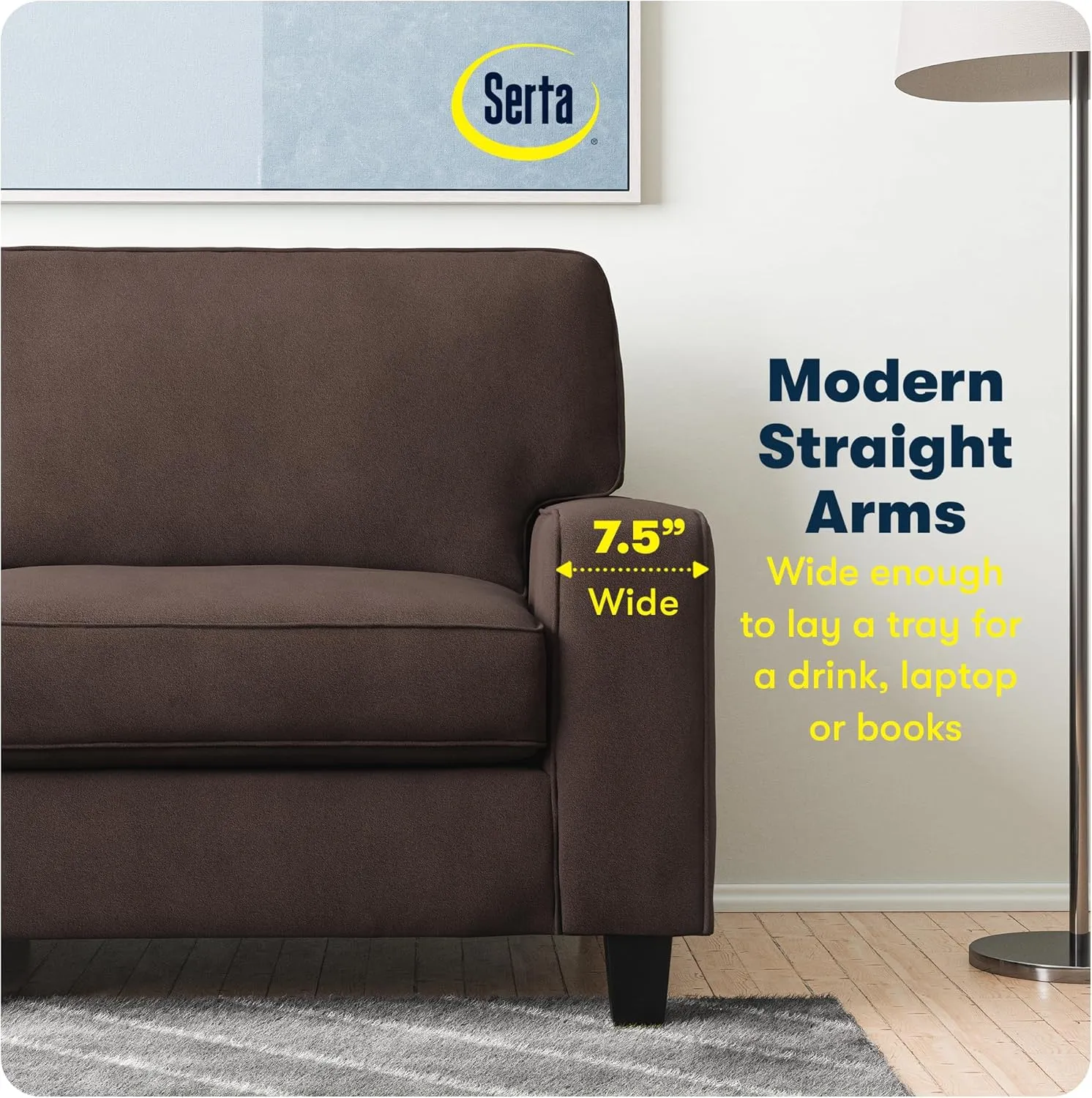 Serta Palisades 61" Track Arm Sofa, Easy Care Polyester, Soft Pillow Back, Pocket Coil Seat Cushions, Removable Covers, Loveseat or Couch for Small Spaces, Living Rooms or Bedrooms, Dark Brown