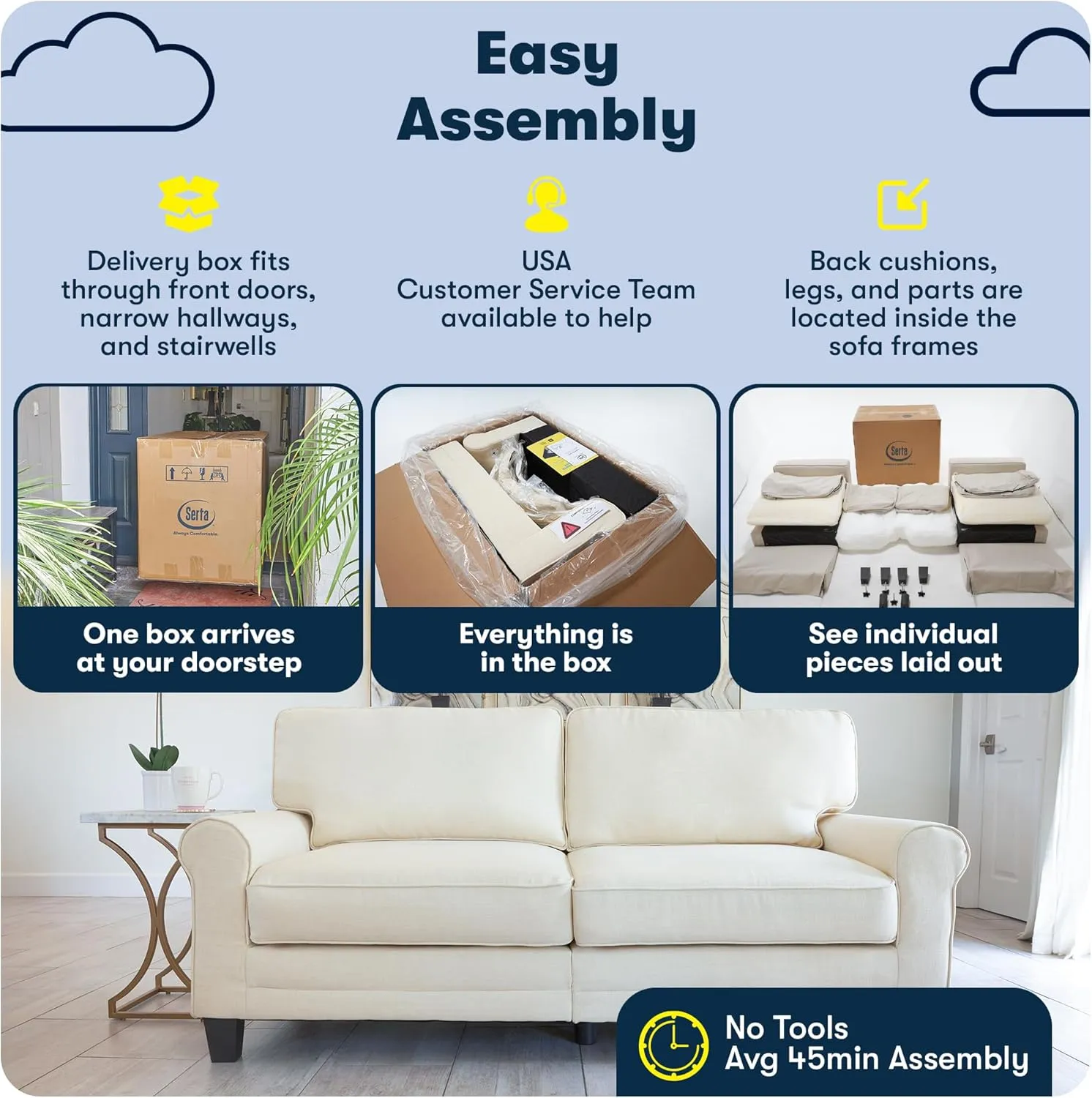 Serta Palisades 61" Track Arm Sofa, Easy Care Polyester, Soft Pillow Back, Pocket Coil Seat Cushions, Removable Covers, Loveseat or Couch for Small Spaces, Living Rooms or Bedrooms, Dark Brown