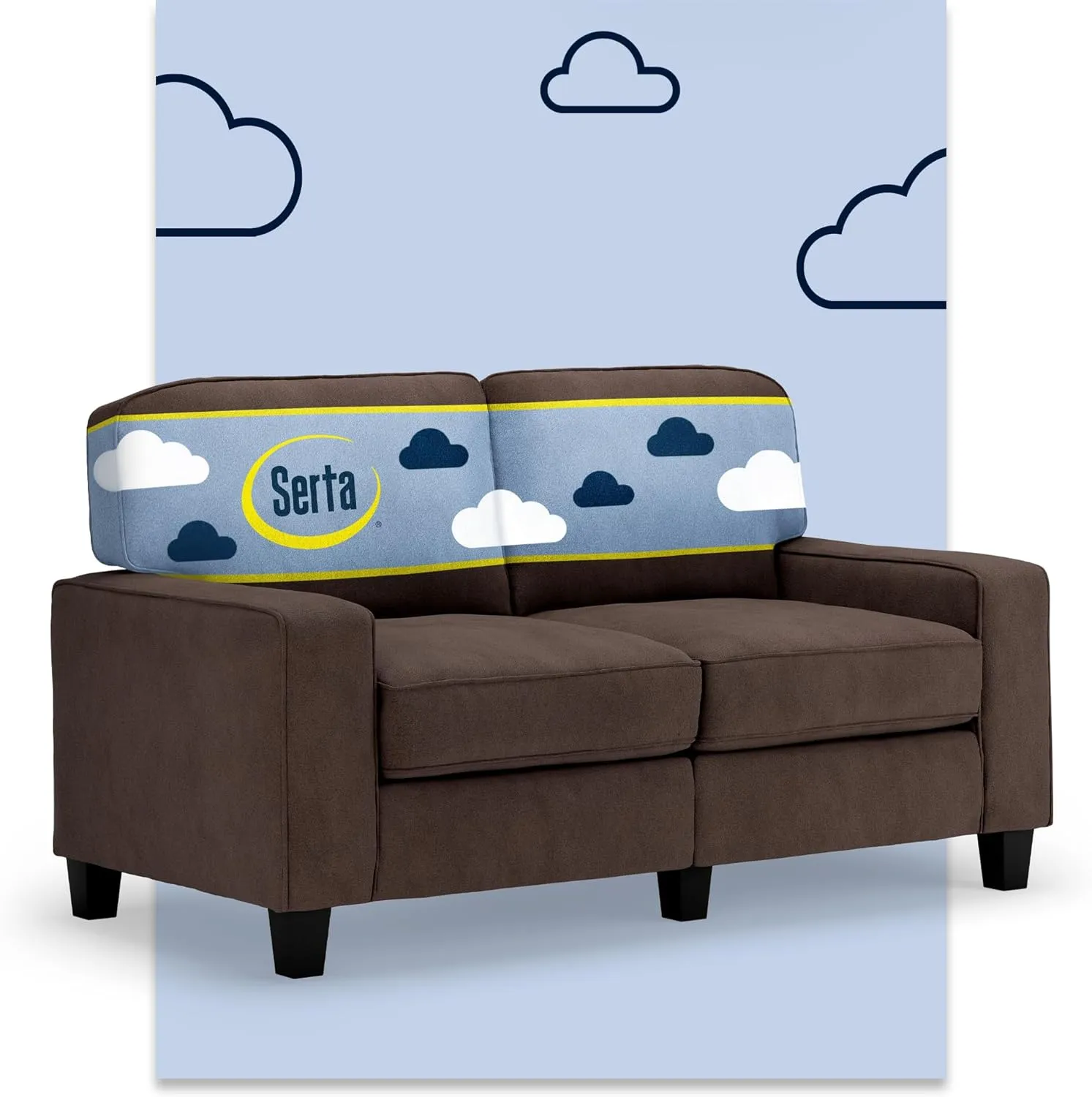 Serta Palisades 61" Track Arm Sofa, Easy Care Polyester, Soft Pillow Back, Pocket Coil Seat Cushions, Removable Covers, Loveseat or Couch for Small Spaces, Living Rooms or Bedrooms, Dark Brown