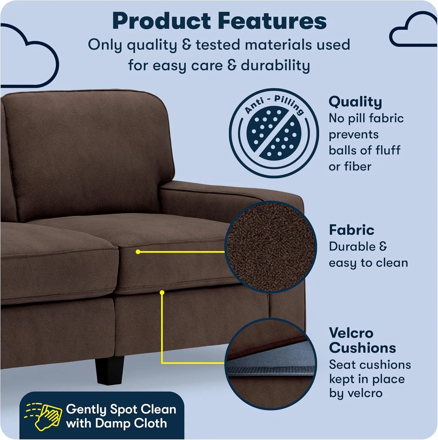 Serta Palisades 61" Track Arm Sofa, Easy Care Polyester, Soft Pillow Back, Pocket Coil Seat Cushions, Removable Covers, Loveseat or Couch for Small Spaces, Living Rooms or Bedrooms, Dark Brown