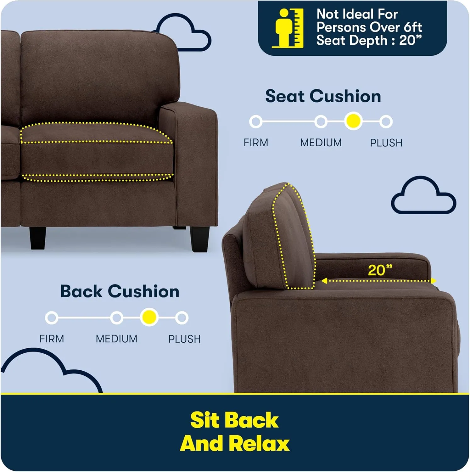 Serta Palisades 61" Track Arm Sofa, Easy Care Polyester, Soft Pillow Back, Pocket Coil Seat Cushions, Removable Covers, Loveseat or Couch for Small Spaces, Living Rooms or Bedrooms, Dark Brown