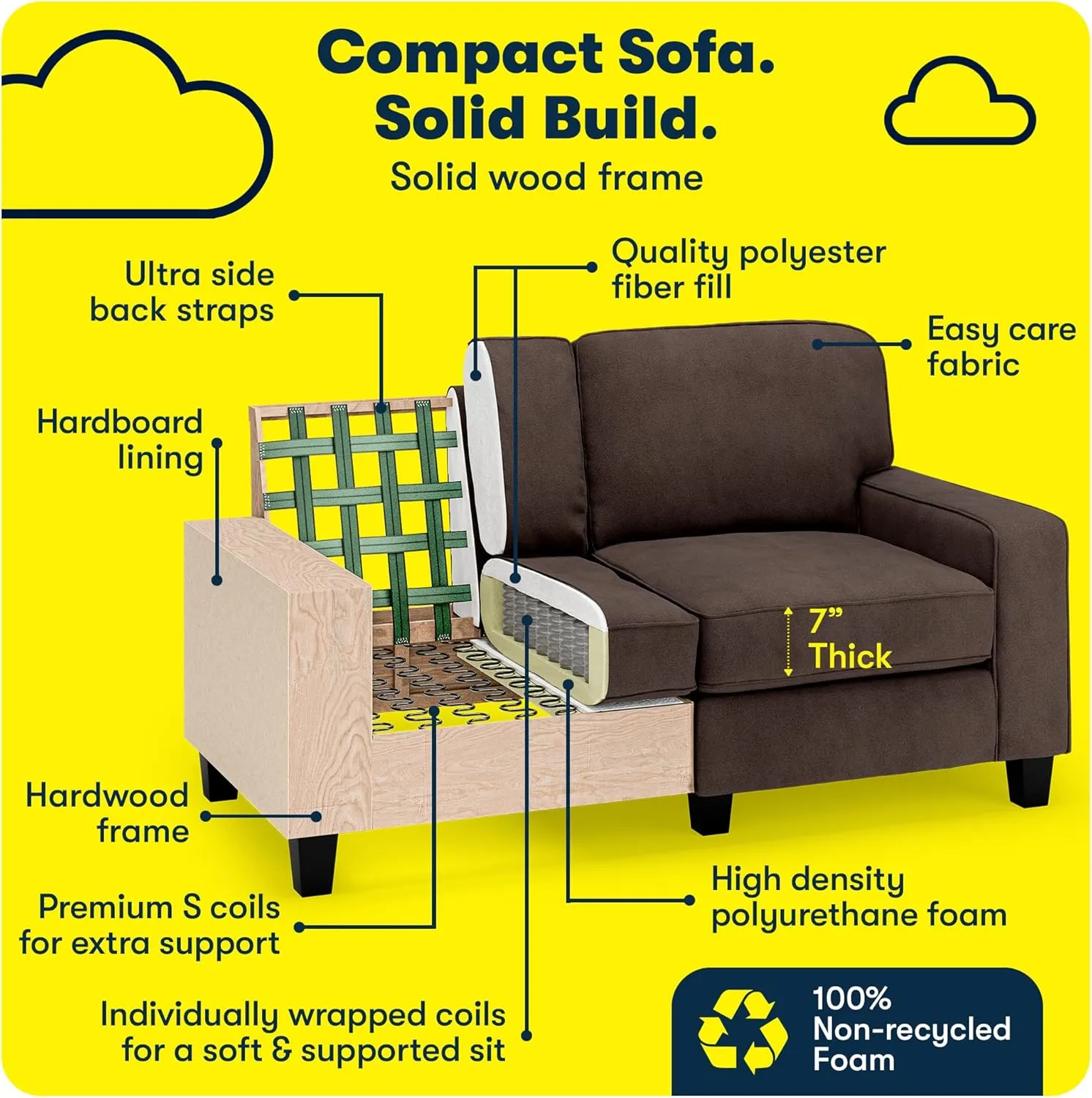 Serta Palisades 61" Track Arm Sofa, Easy Care Polyester, Soft Pillow Back, Pocket Coil Seat Cushions, Removable Covers, Loveseat or Couch for Small Spaces, Living Rooms or Bedrooms, Dark Brown