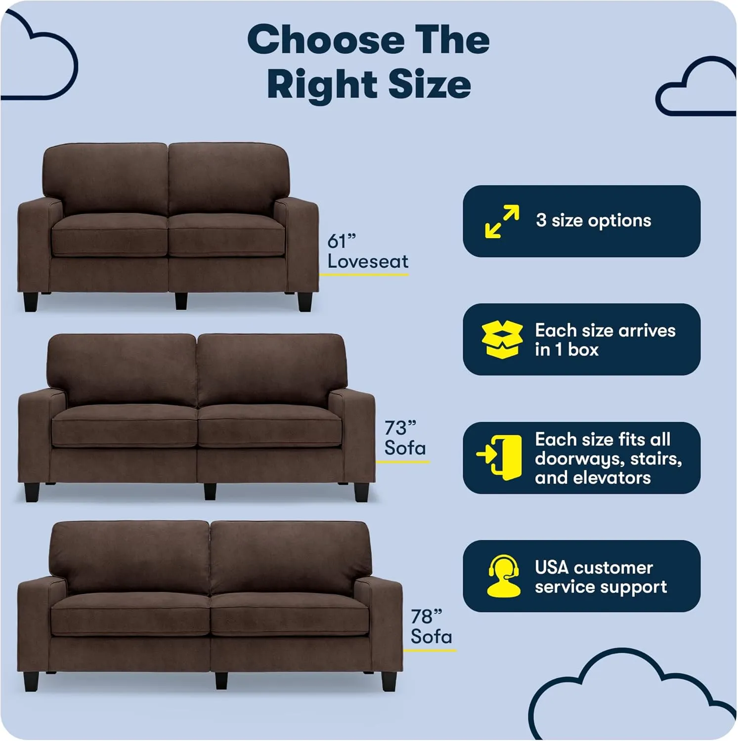 Serta Palisades 61" Track Arm Sofa, Easy Care Polyester, Soft Pillow Back, Pocket Coil Seat Cushions, Removable Covers, Loveseat or Couch for Small Spaces, Living Rooms or Bedrooms, Dark Brown