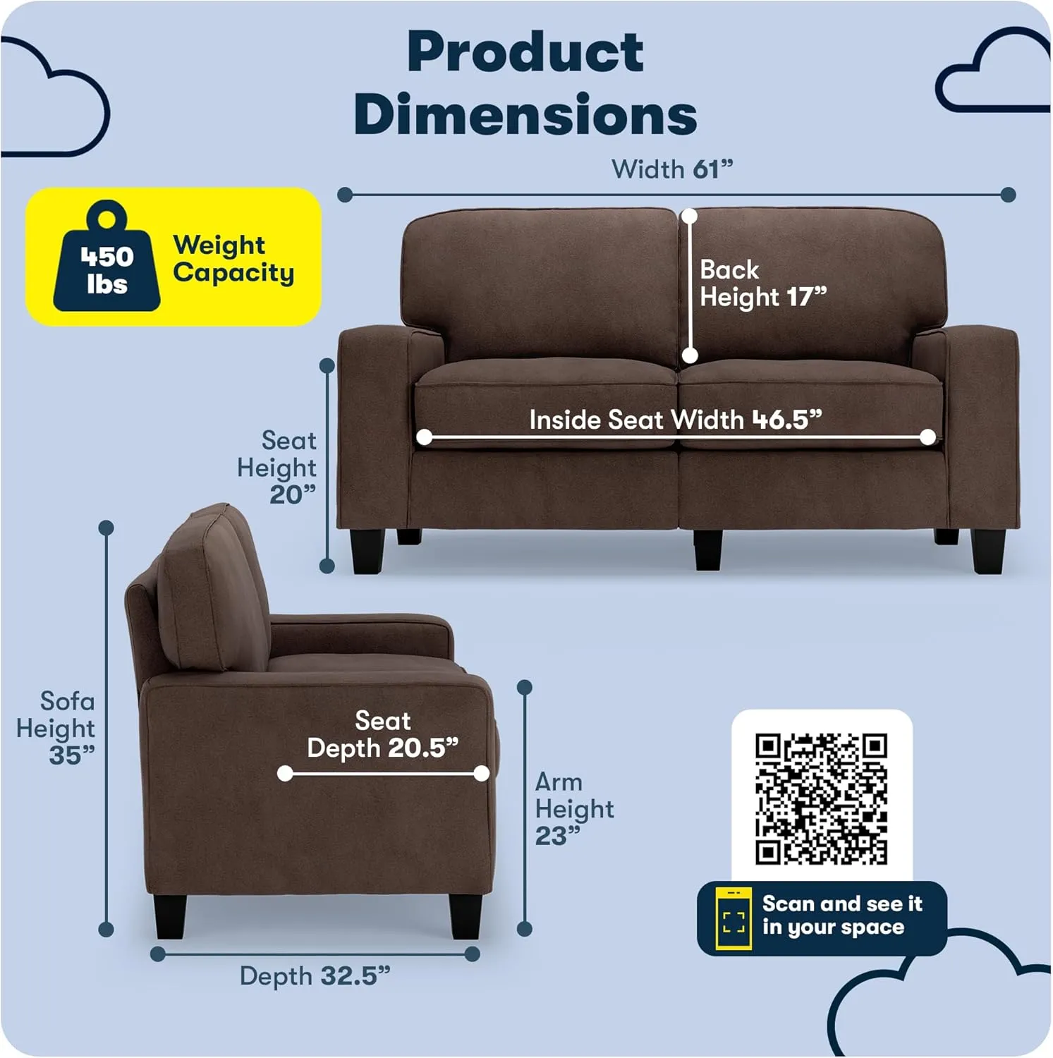 Serta Palisades 61" Track Arm Sofa, Easy Care Polyester, Soft Pillow Back, Pocket Coil Seat Cushions, Removable Covers, Loveseat or Couch for Small Spaces, Living Rooms or Bedrooms, Dark Brown